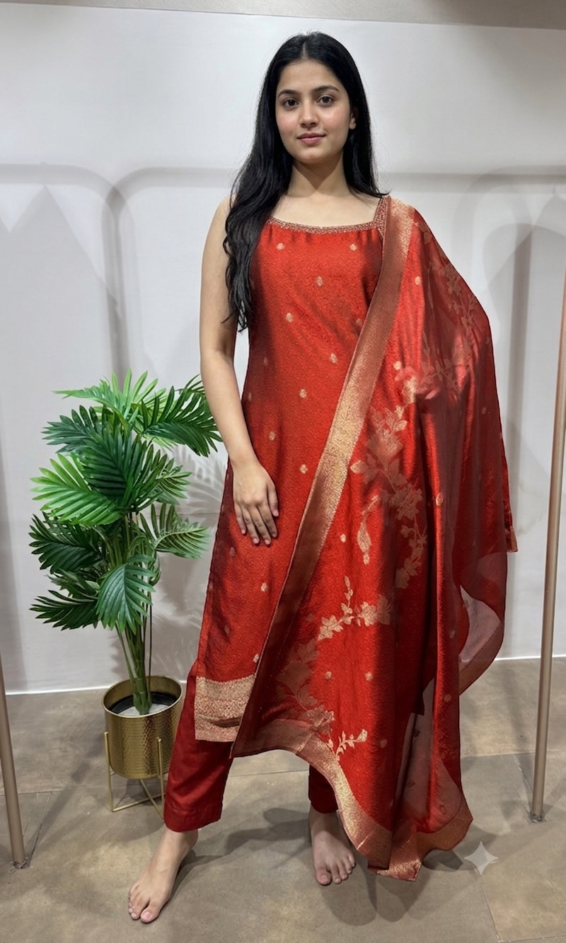 Red golden Banarasi kurta set