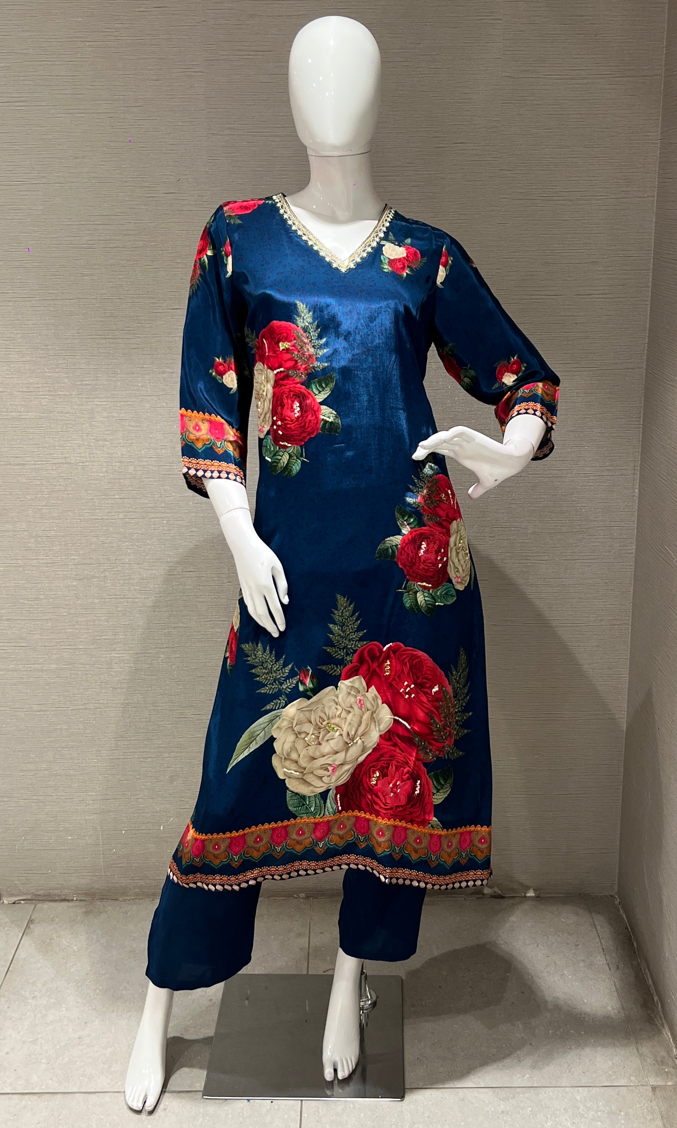 Navy blue floral printed KURTA SET