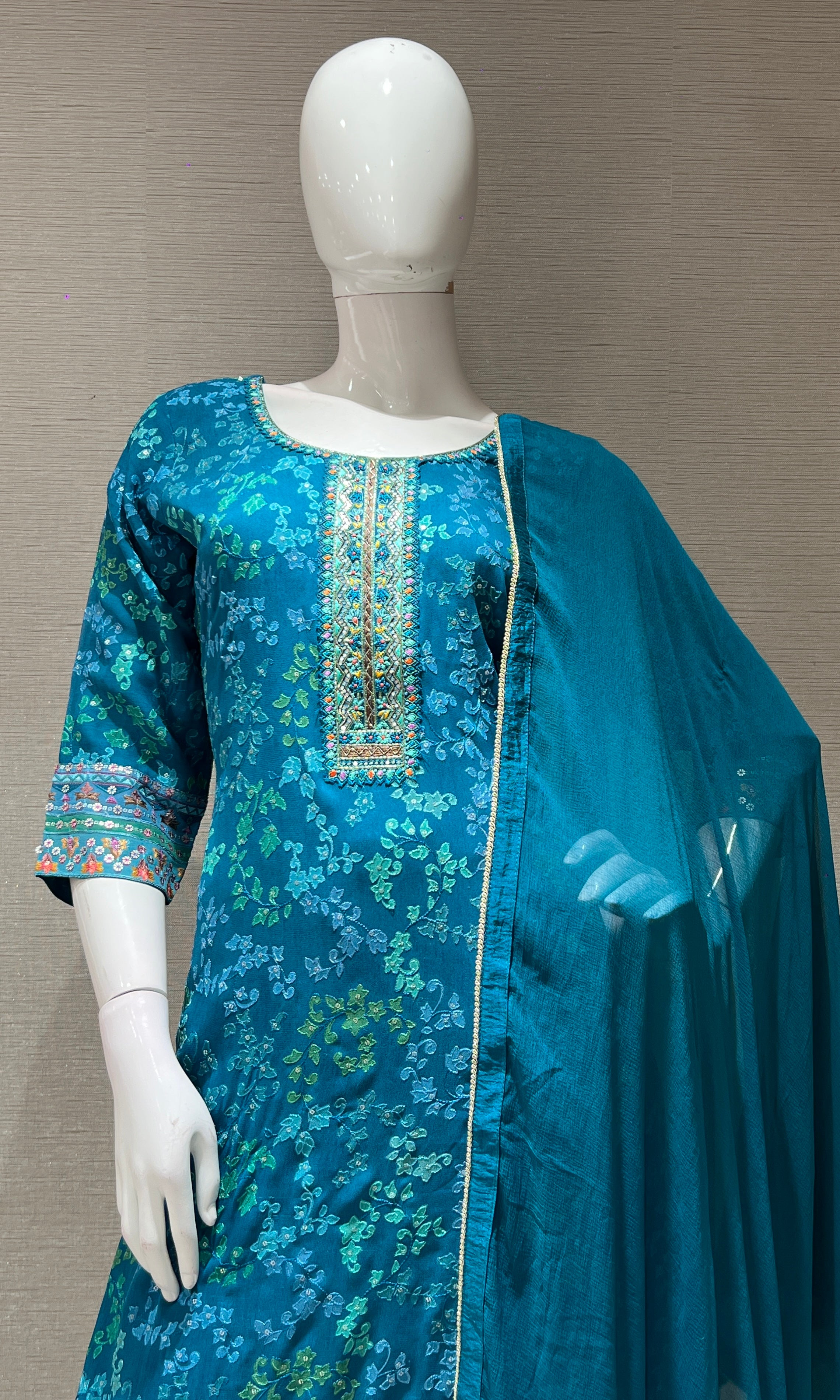 Sea green floral print kurta set