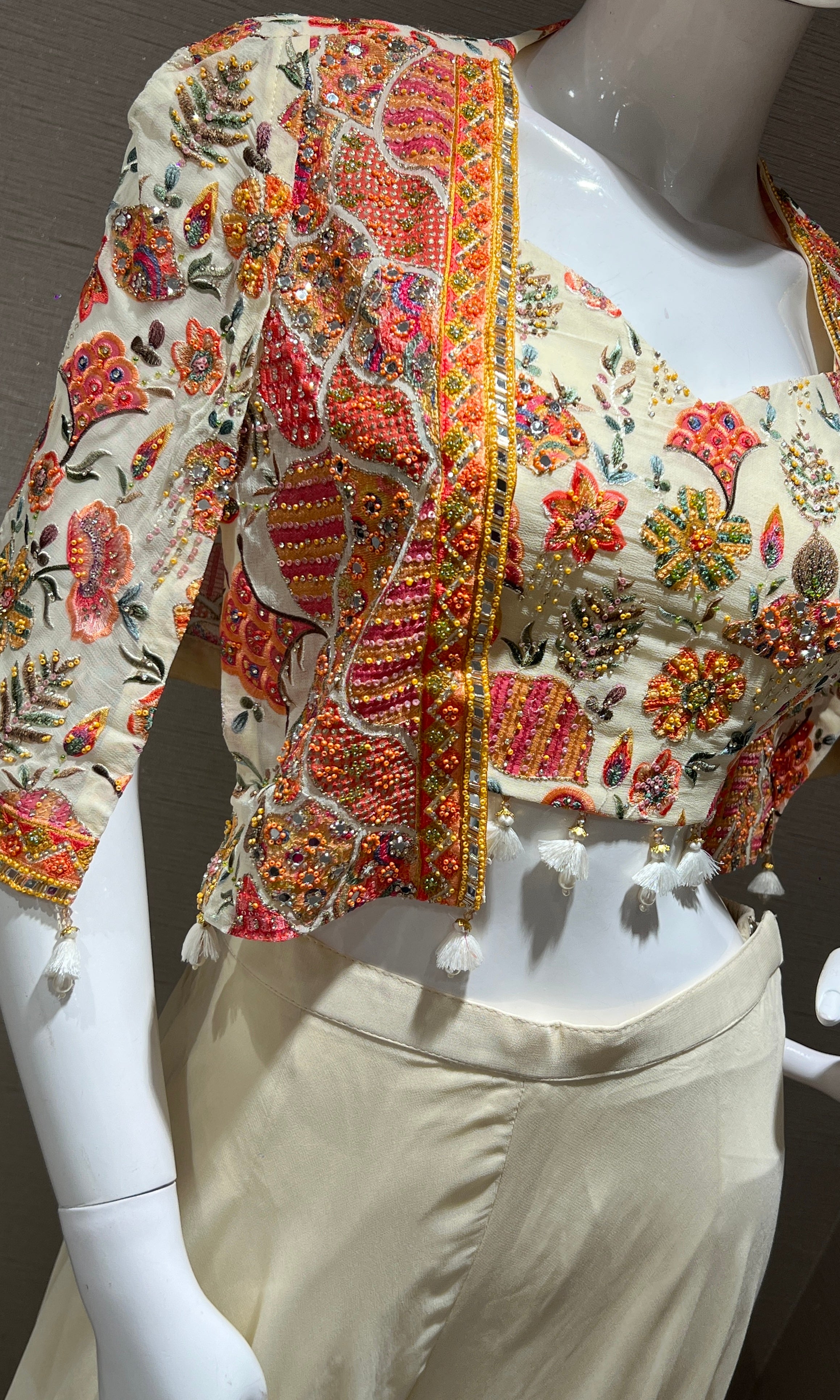 Ivory Floral Crop Top with Jacket and Palazzo