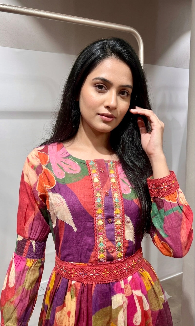 Rust Multi Abstract Print Long Sleeve Frock