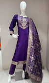 Purple Silk Embroidered Kurta Set with Banarasi Dupatta