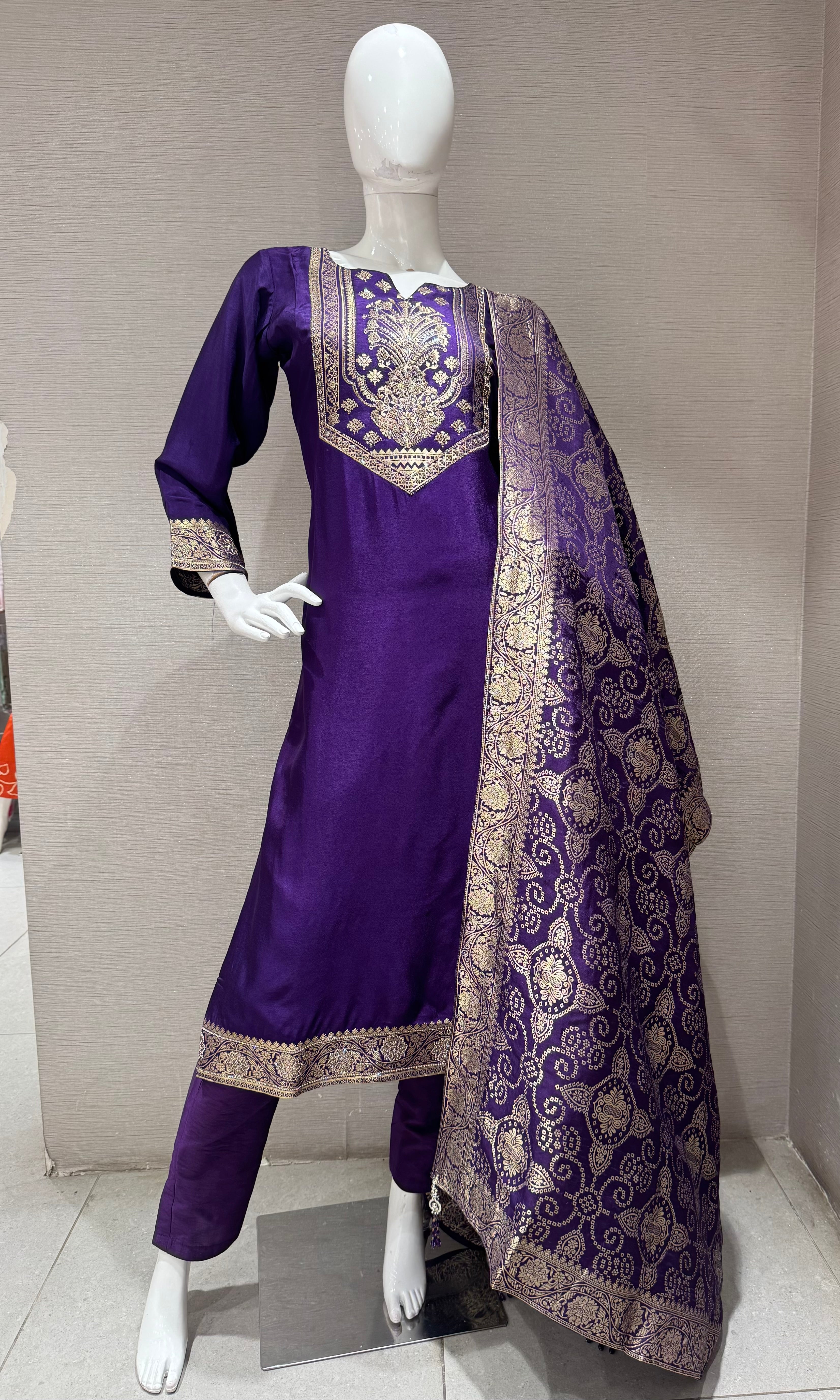 Purple Silk Embroidered Kurta Set with Banarasi Dupatta