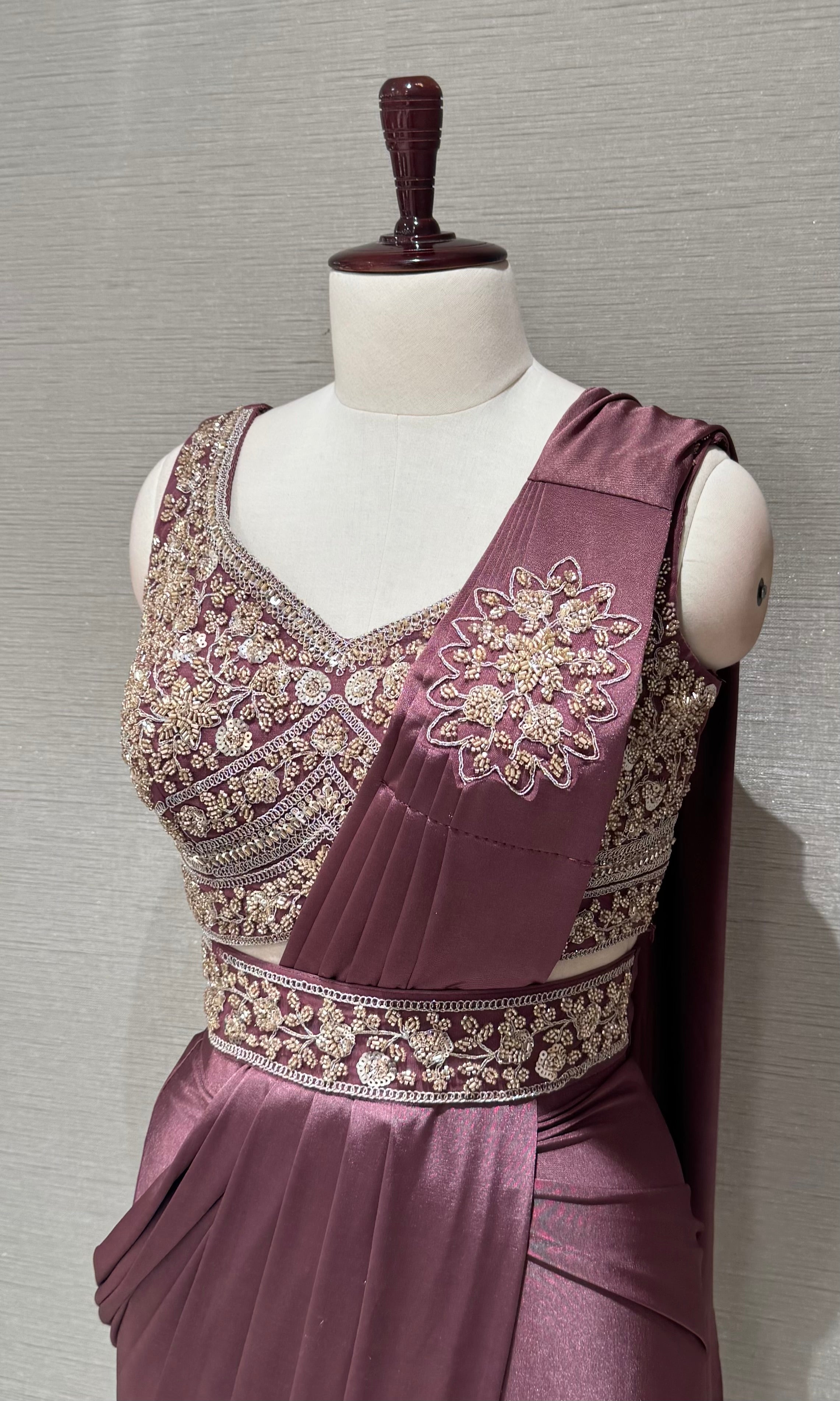 Wine Satin Drape Saree With embroidered blouse & belt