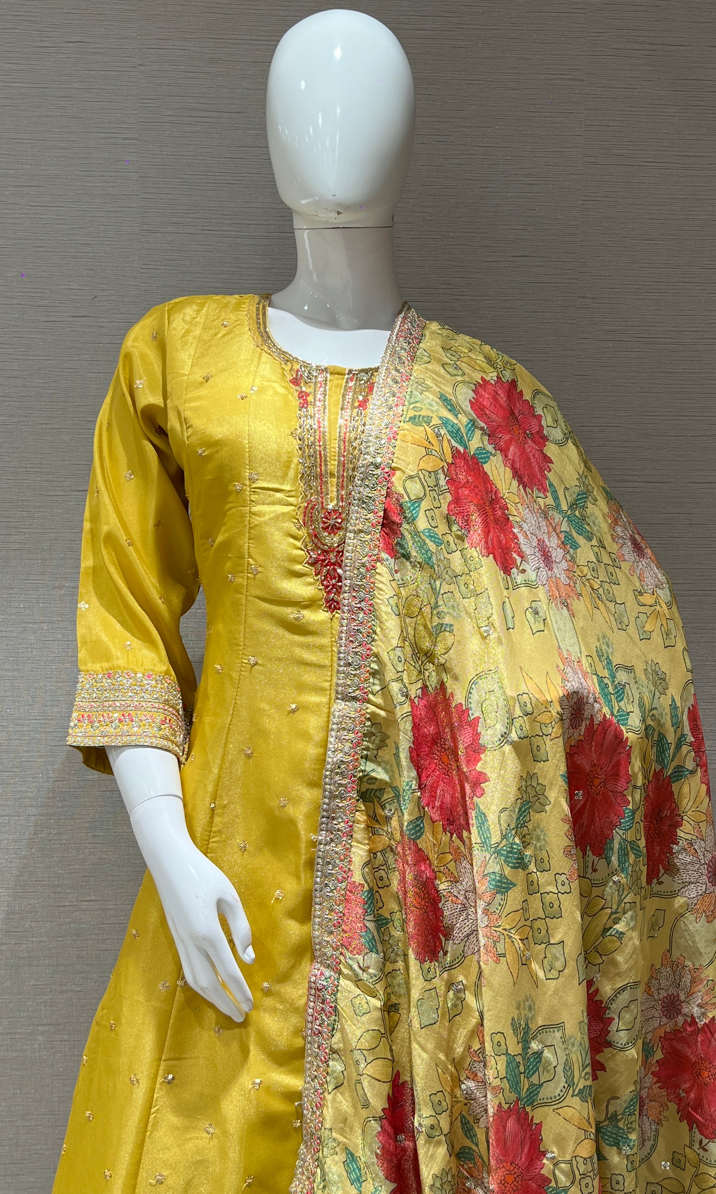 Yellow Long Dress with Floral Dupatta