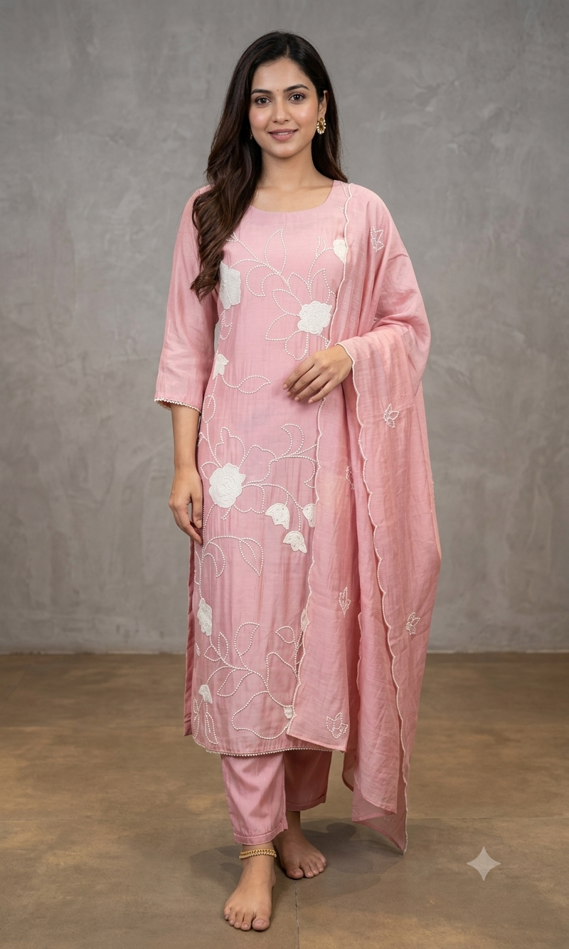 Baby Pink Silk Thread Embroidered kurta set