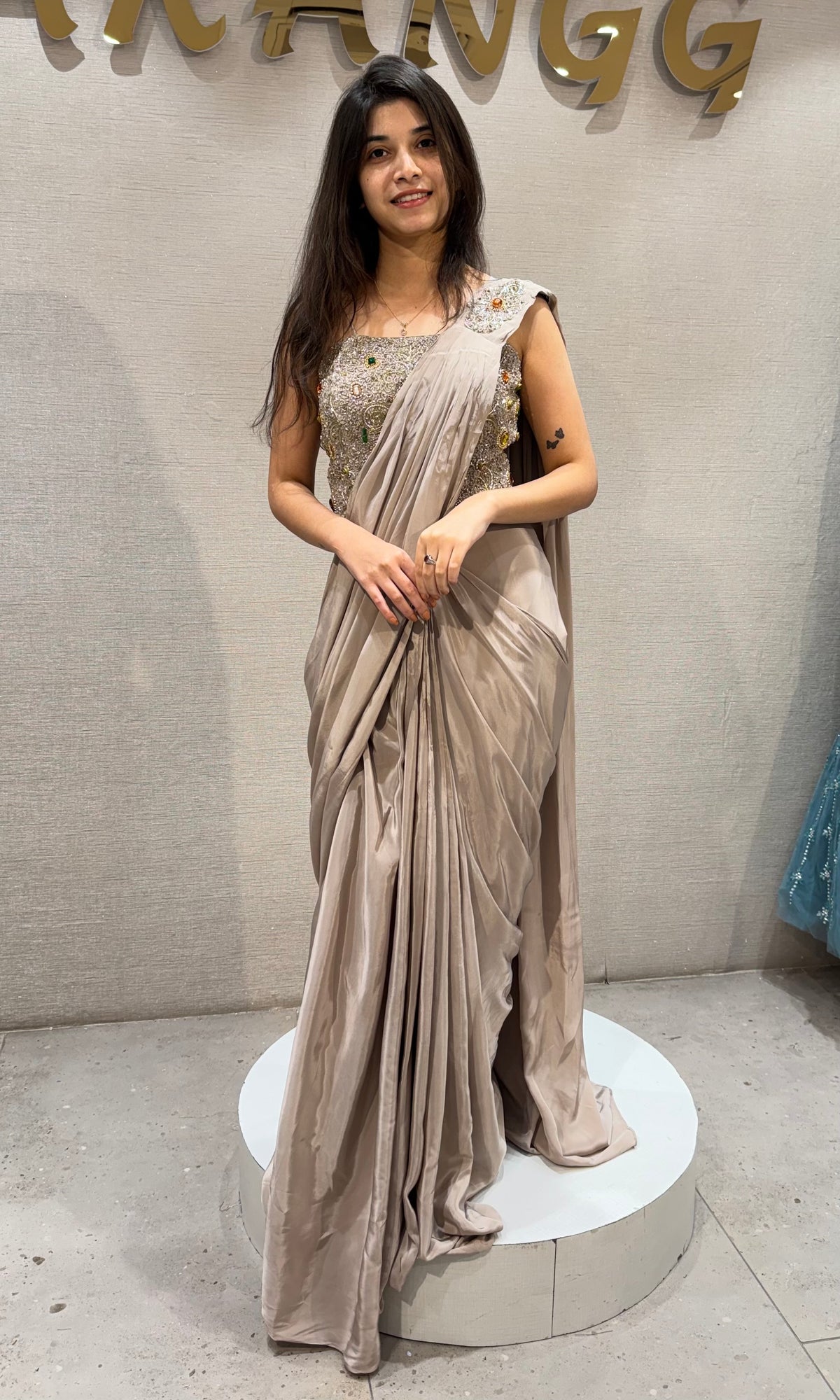 Grey satin Draped Saree with Crystal Embellished Corset Blouse