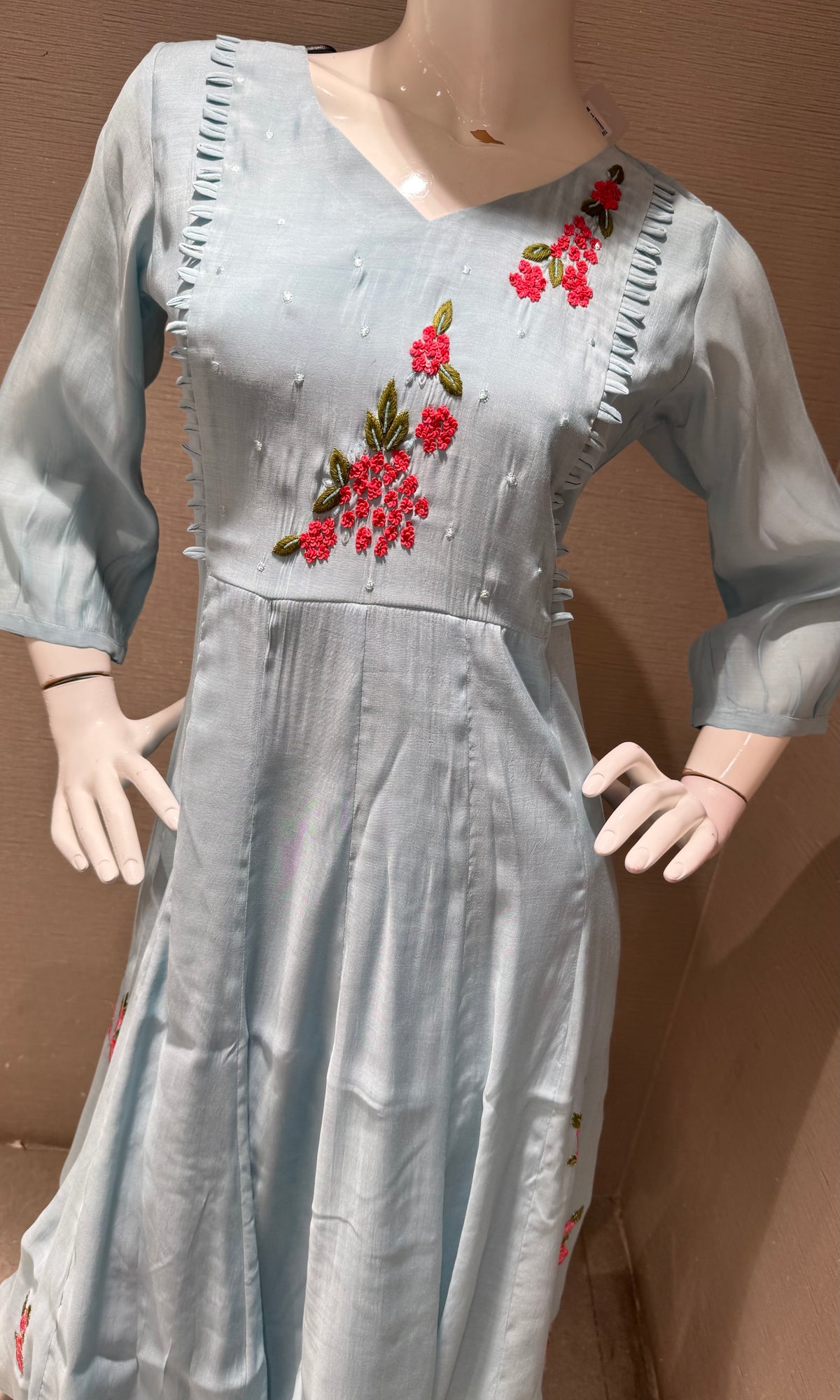 Light Blue Floral Embroidery A-Line Kurta top