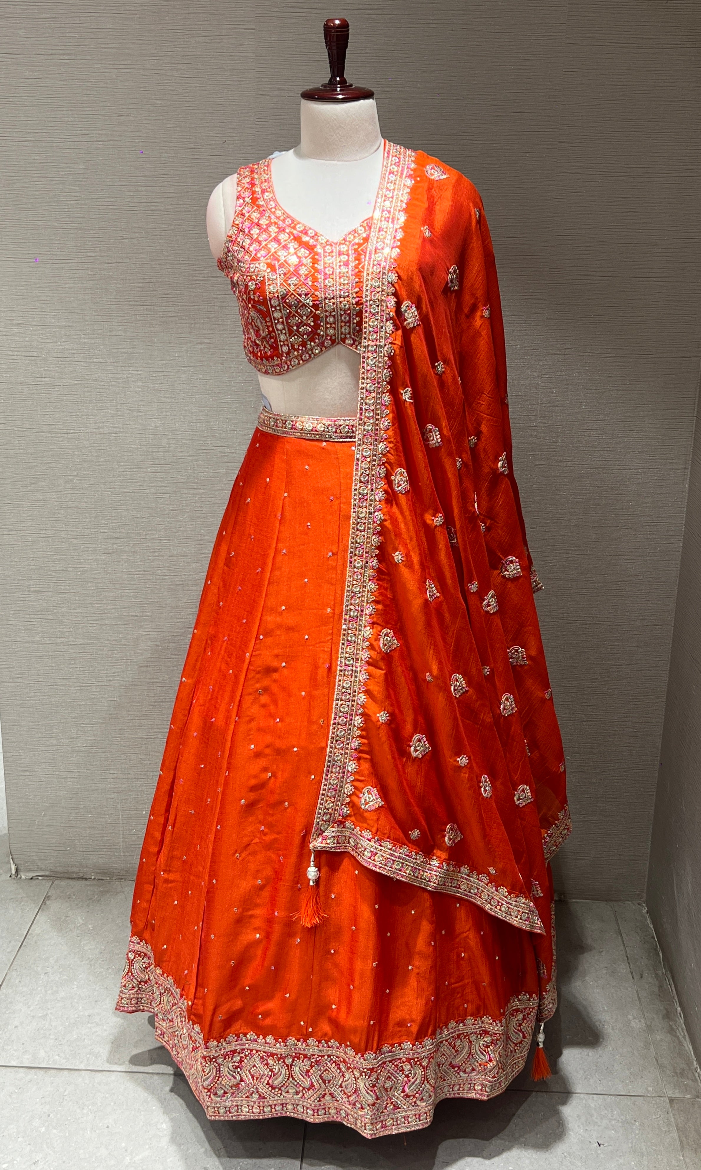 Orange Mirrorwork Embroidered Lehenga Set