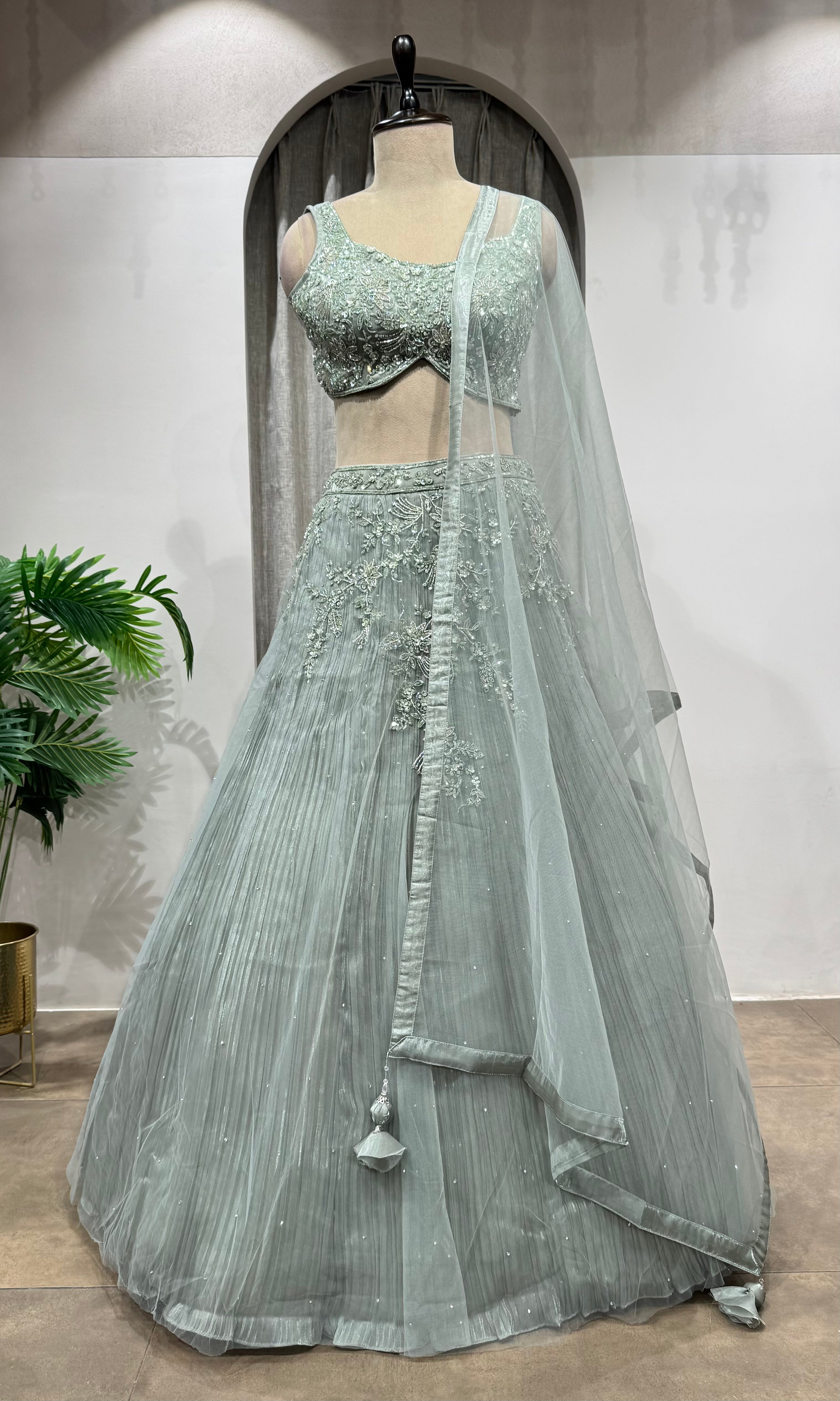 Sage green embroidered lehenga choli set