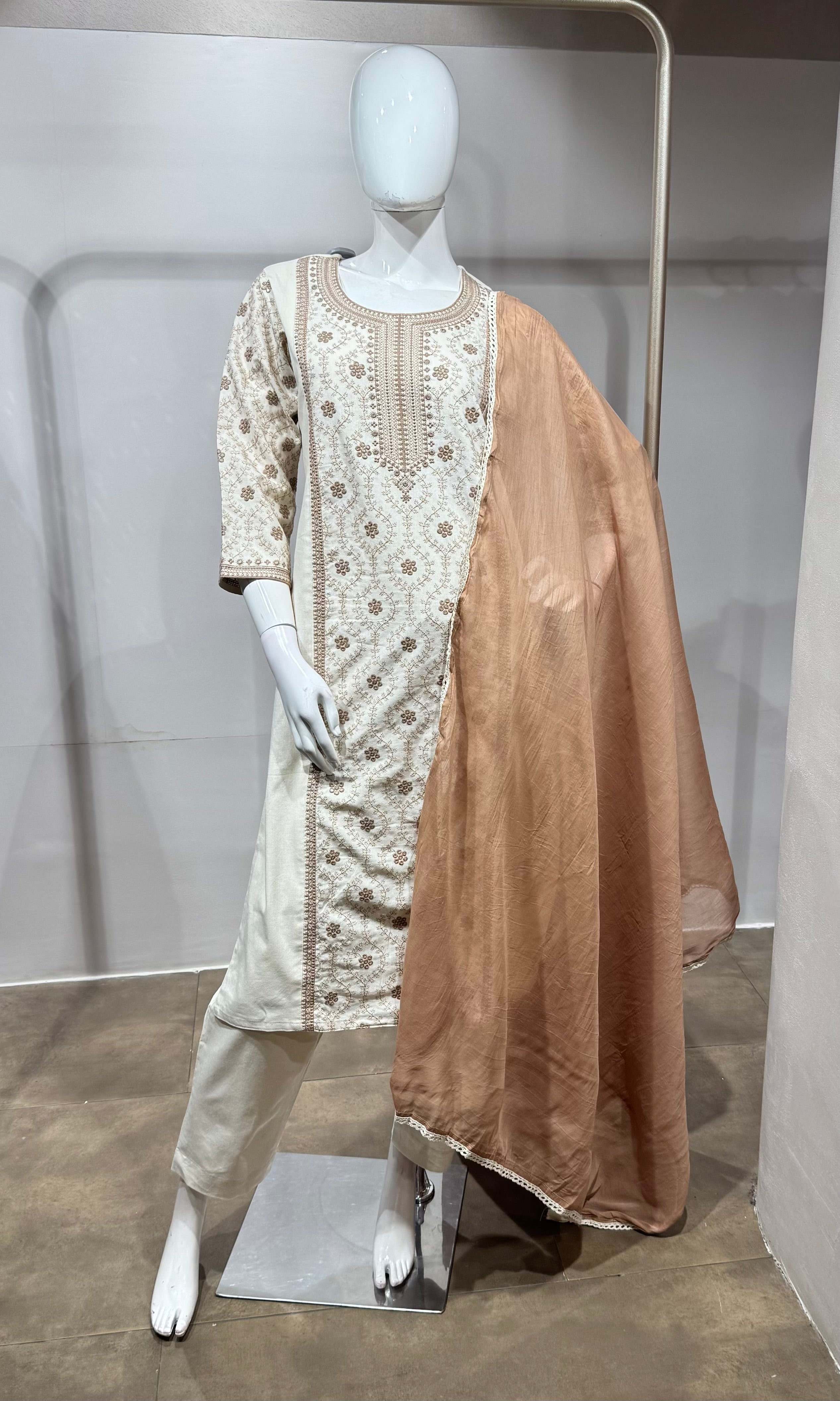 CREAM Cotton Kurta Set with Dupatta