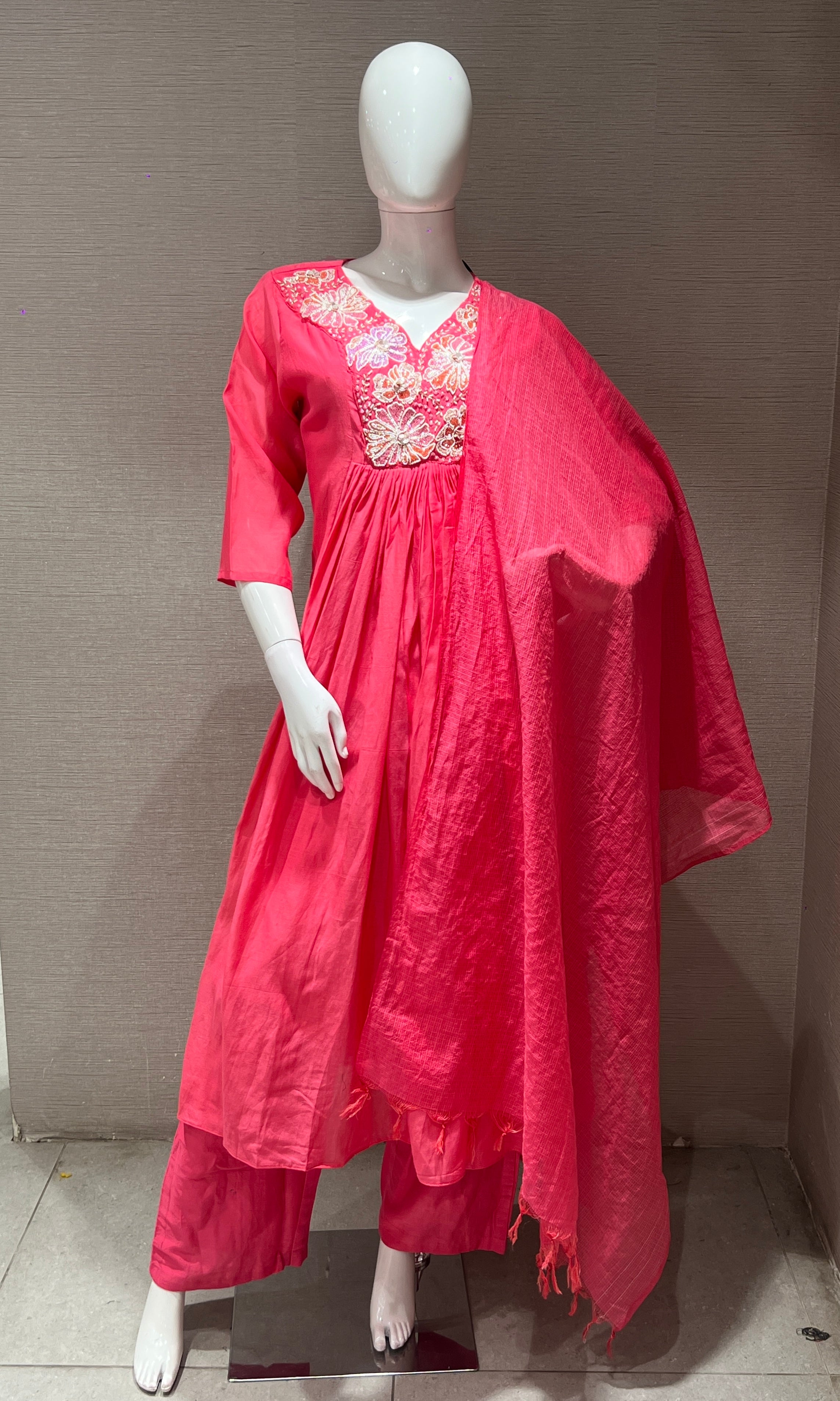 Pink Floral Neckline Kurta Set