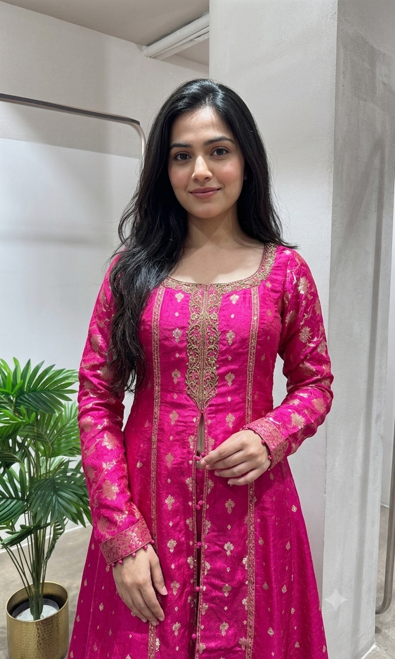 PINK GOLD EMBROIDERED FRONT SLIT ANARKALI SET