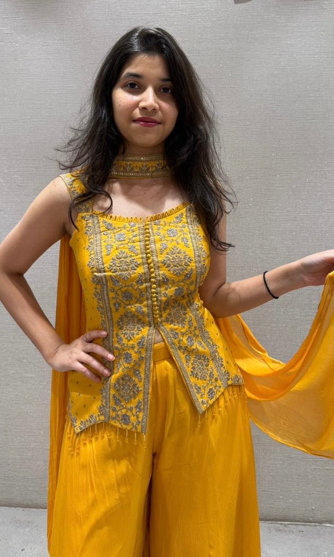 Yellow Embroidered Peplum Palazoo Set