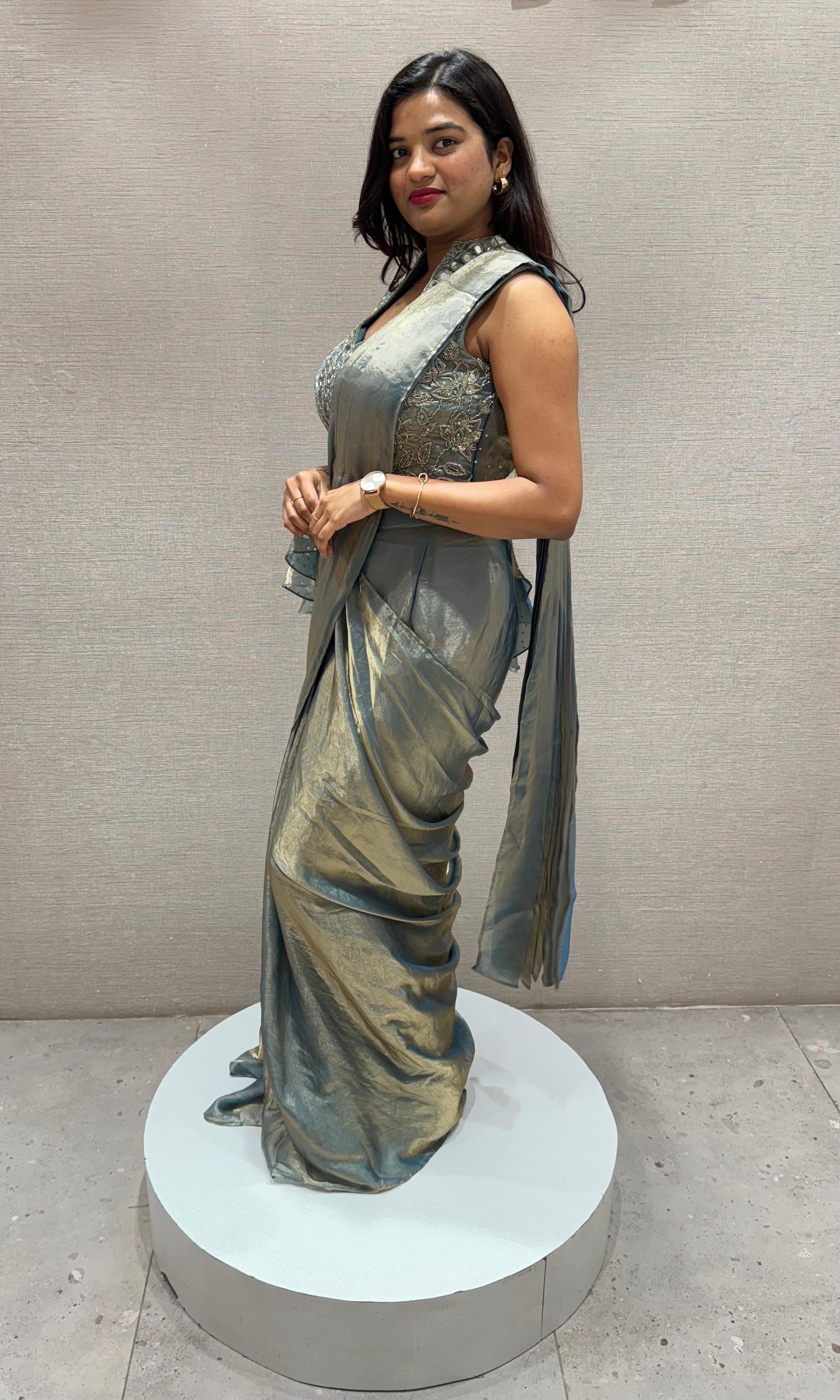 Blue PEPLUM STYLE DRAPE SAREE