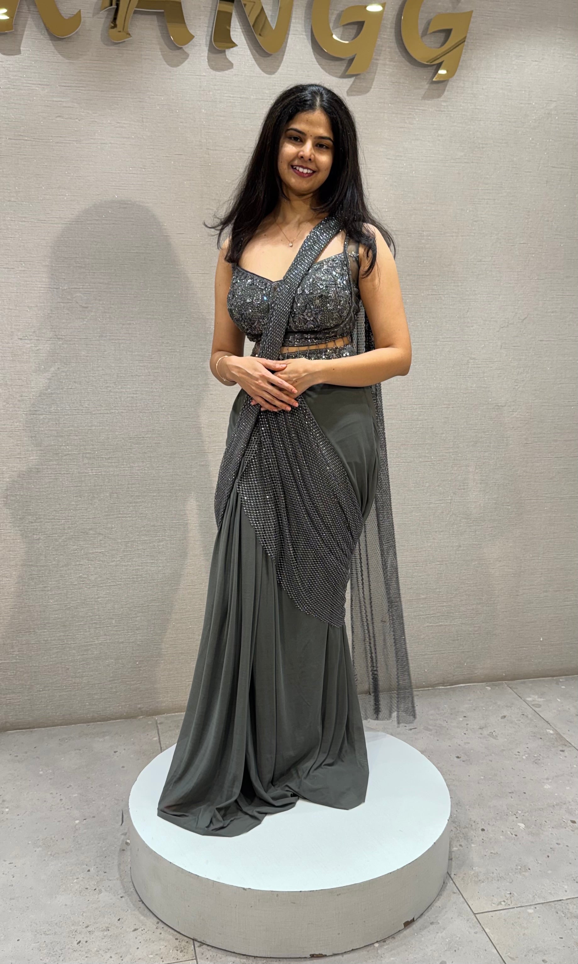 Metallic Grey Silk Sequined Fusion Sheer Drape Saree
