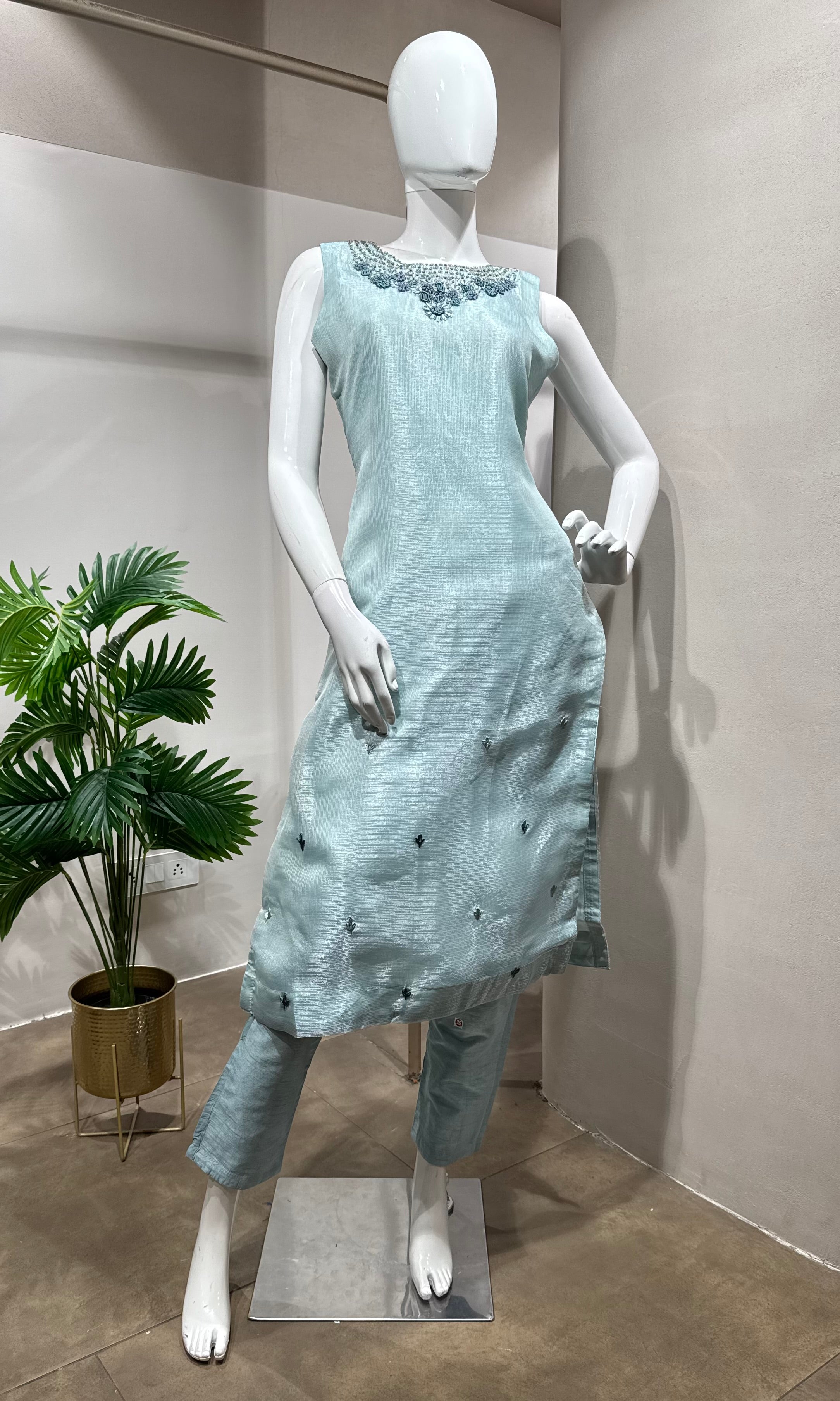 Sea Blue Kota Doria Embroidered KURTA Set