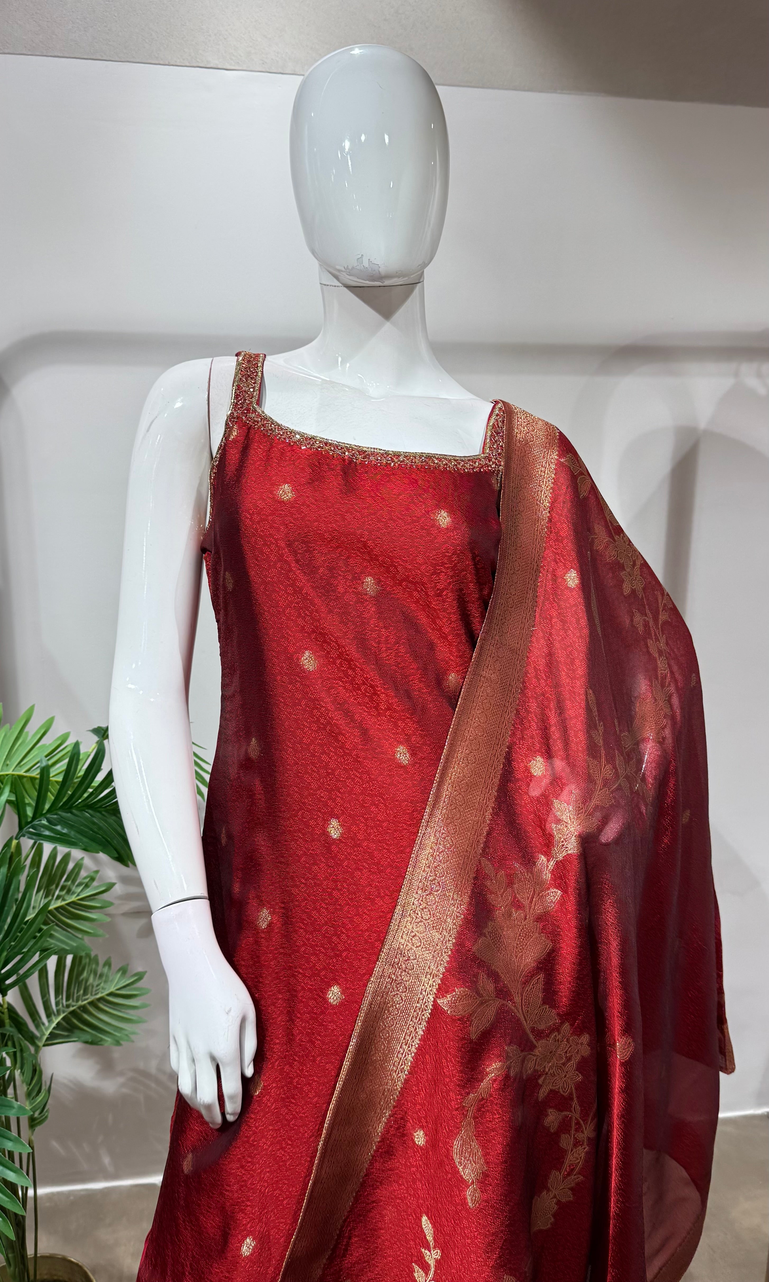 Red golden Banarasi kurta set