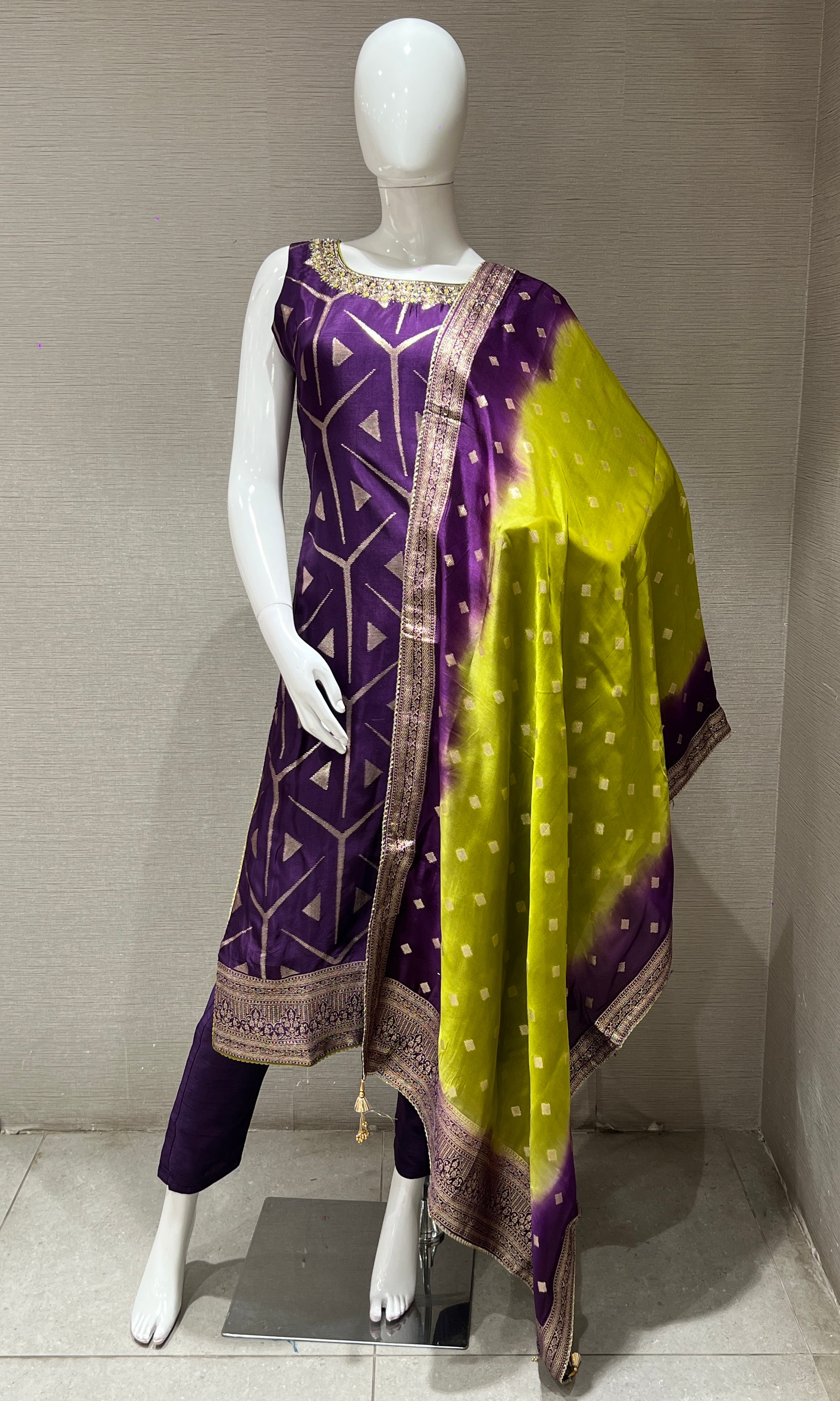 Purple Kurta set with Lime Shaded Dupatta