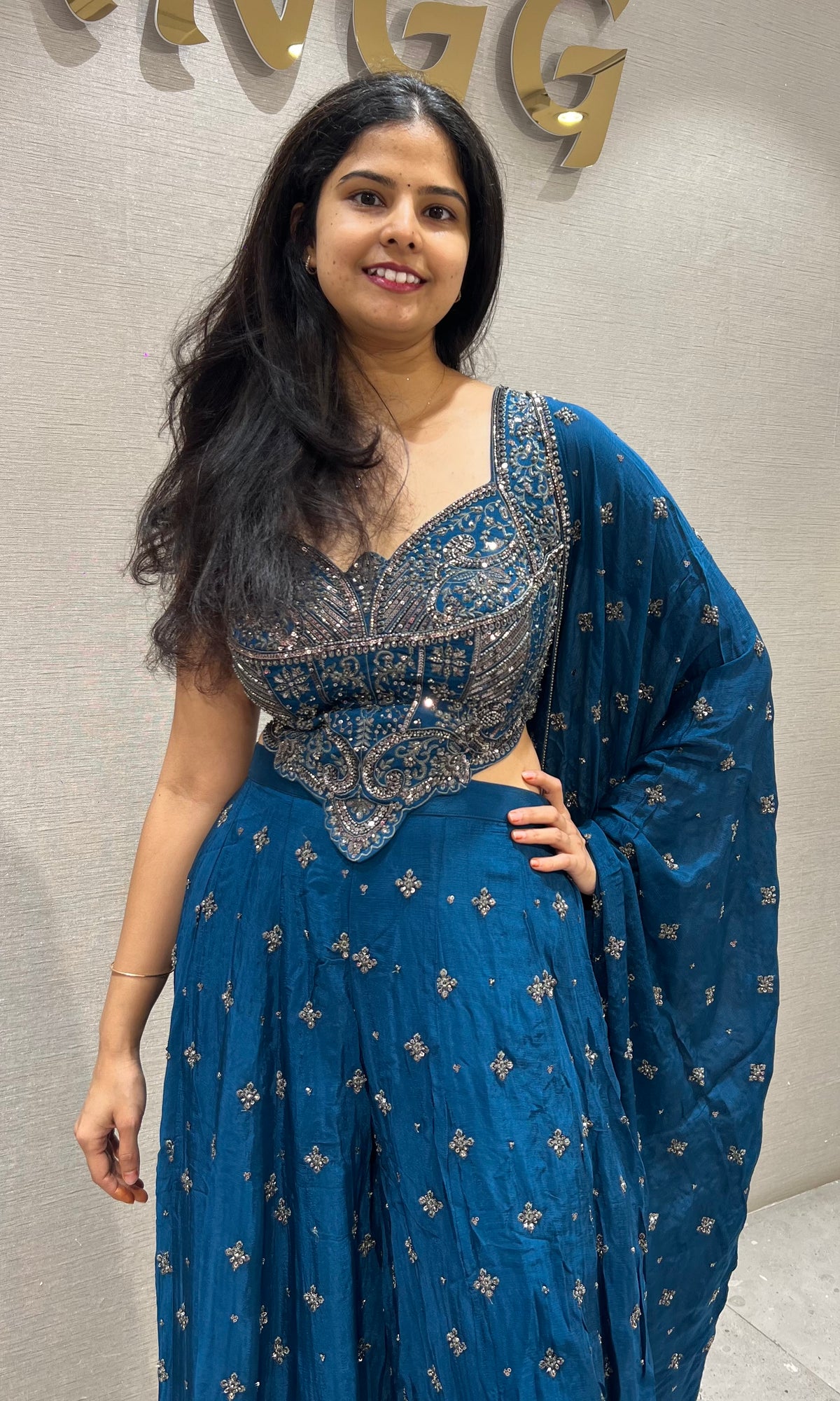 Navy Blue Chinon silk Embroidered Crop top Palazzo set