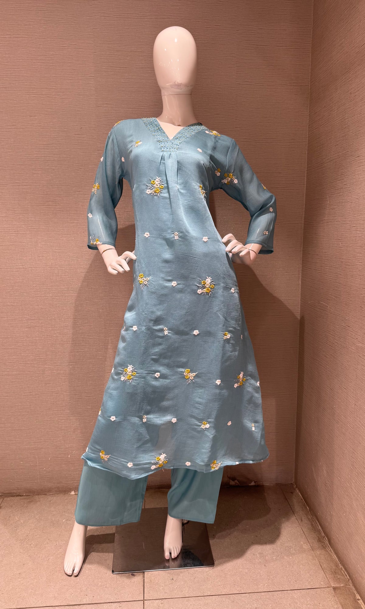 Light Blue Chanderi Kurta Set with Gold Zari Border Dupatta