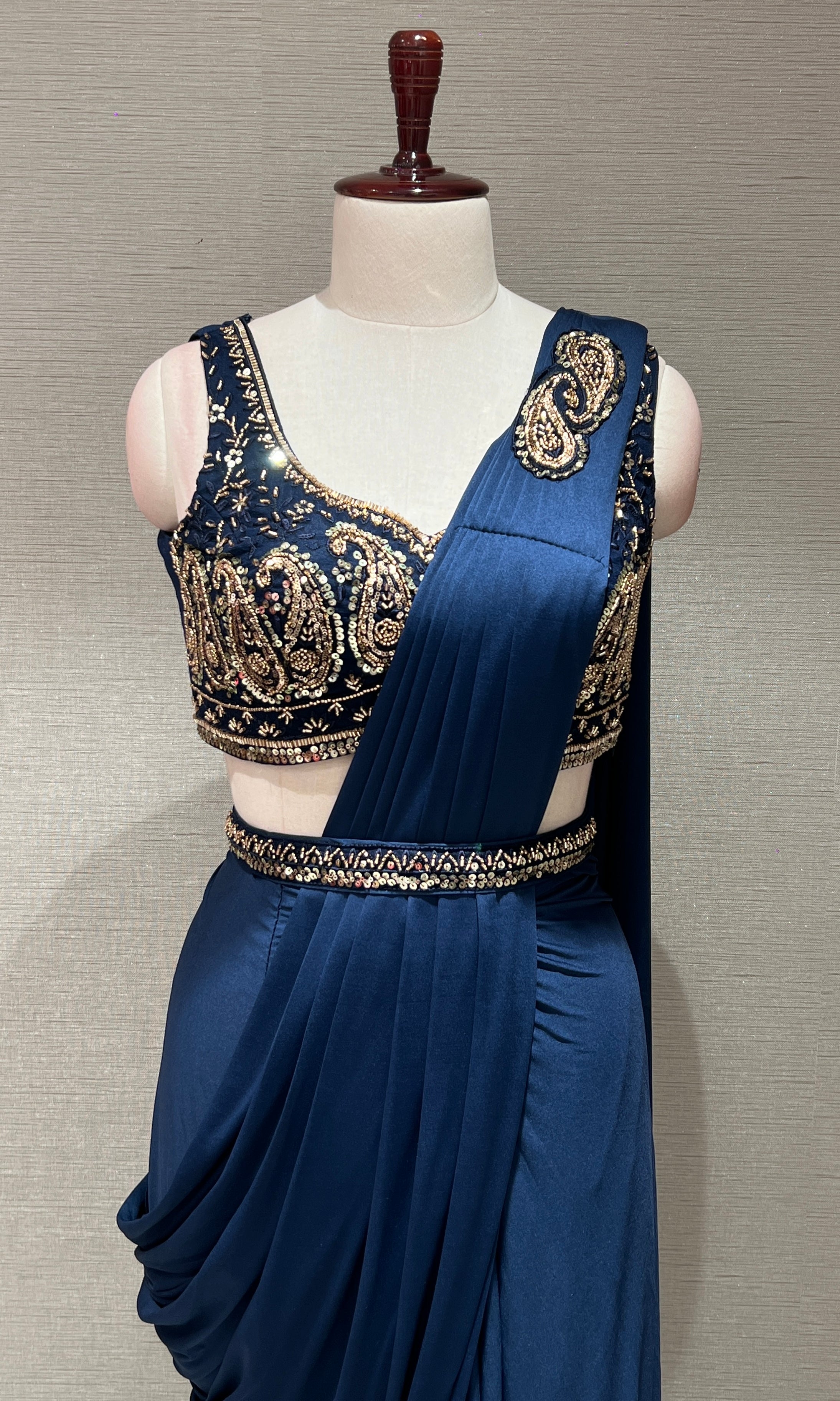 NAVY BLUE Drape Saree WITH BLOUSE & BELT