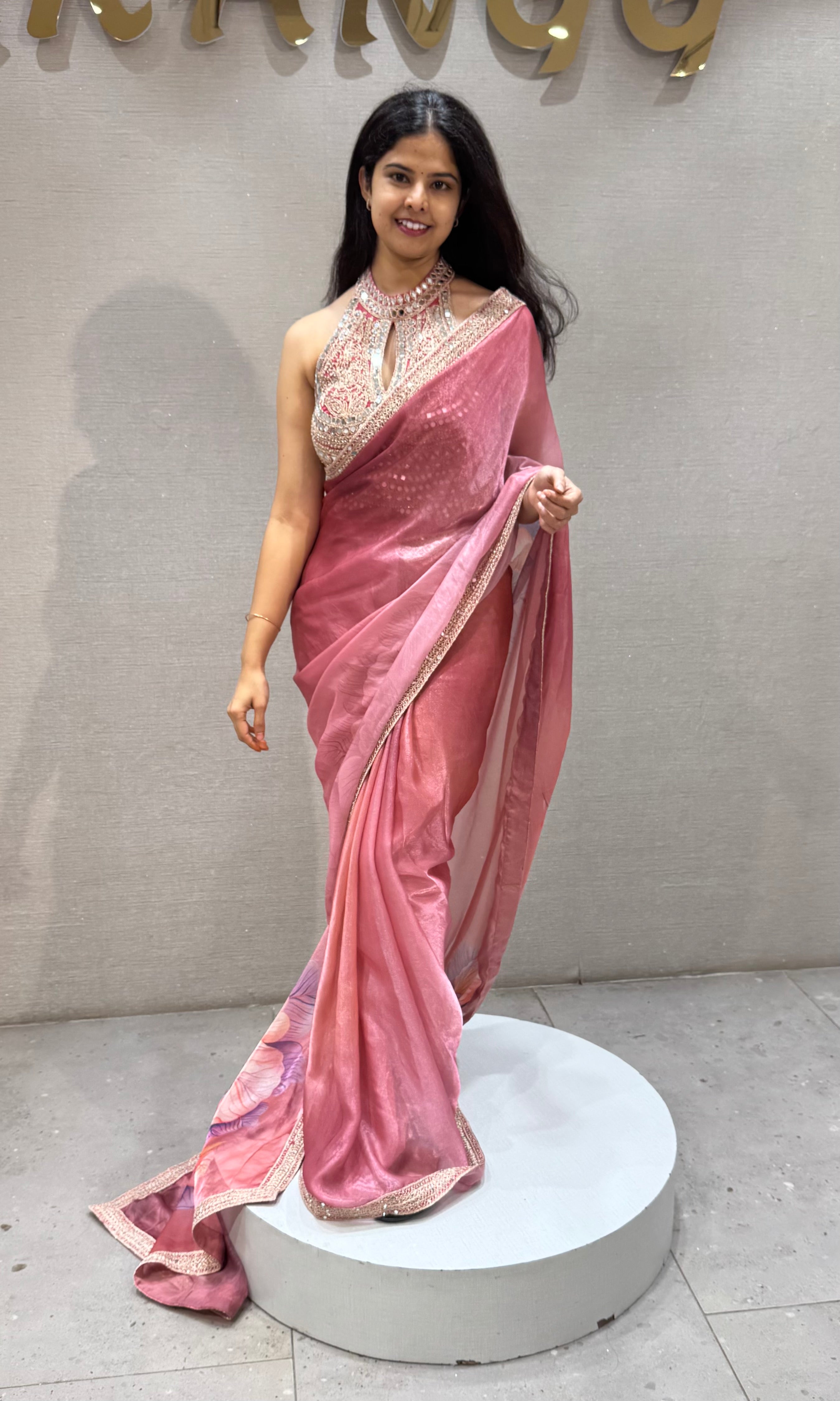 Blush Pink Satin Organza Floral Saree with Scalloped Border