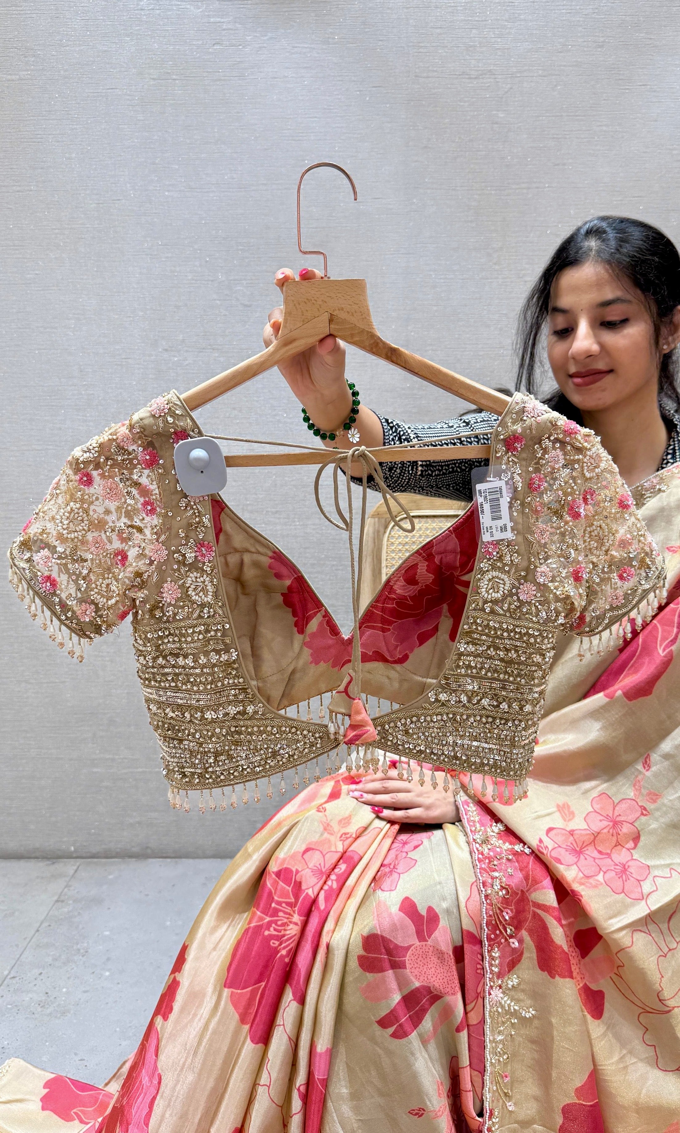 Cream gold floral print satin silk saree with ready blouse