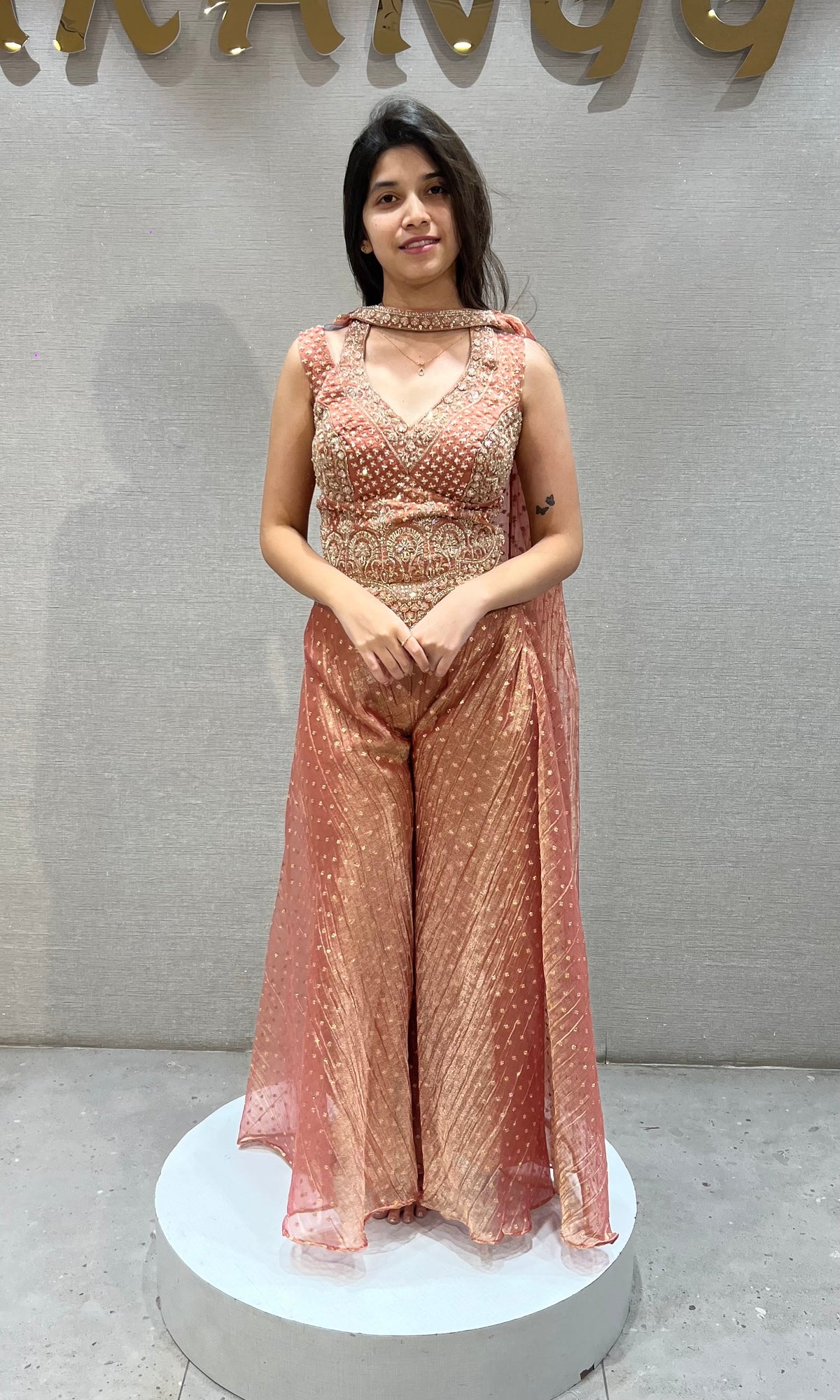Rust Shimmer embroidered crop top palazzo set