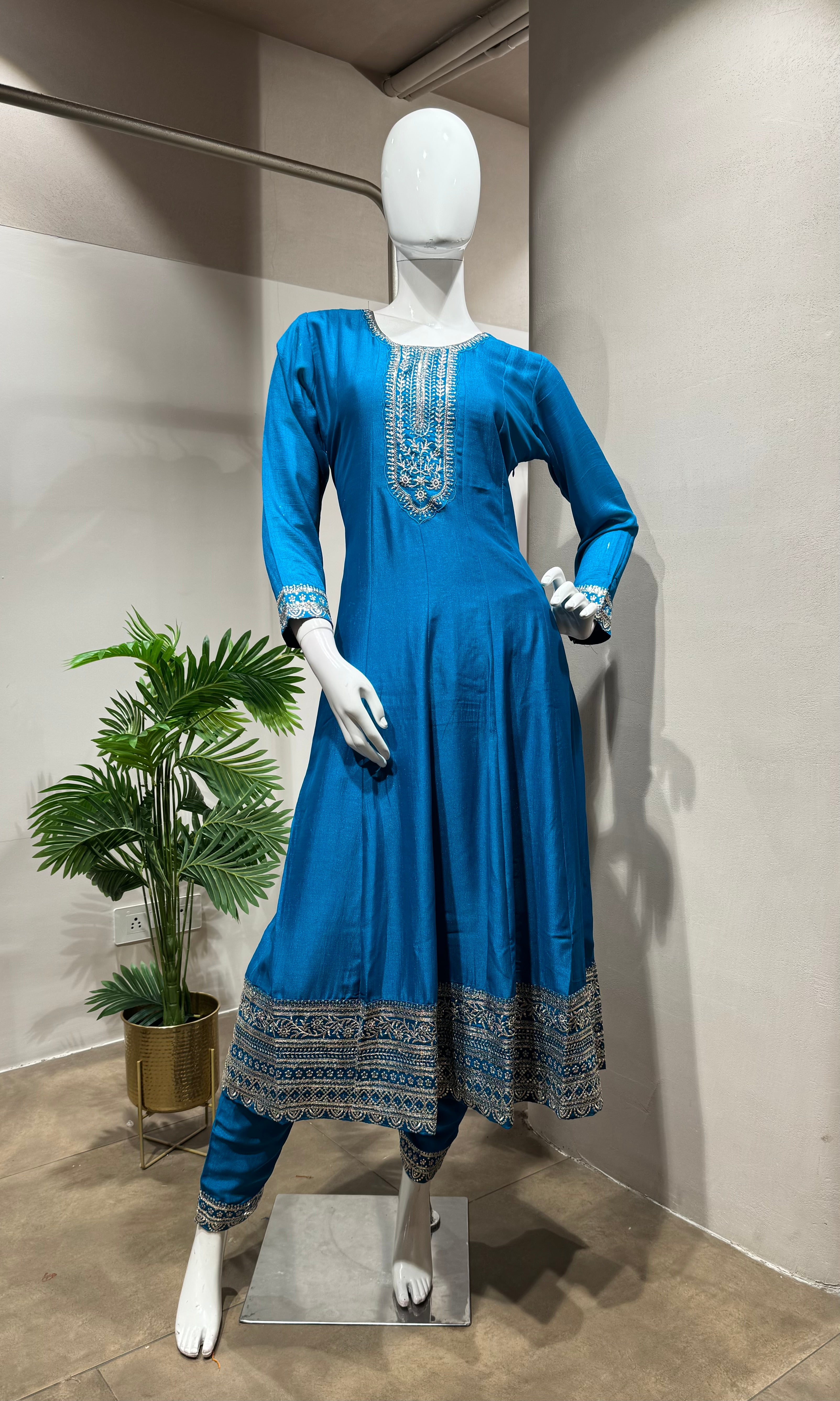 RAMA Blue Embroidered Anarkali Set
