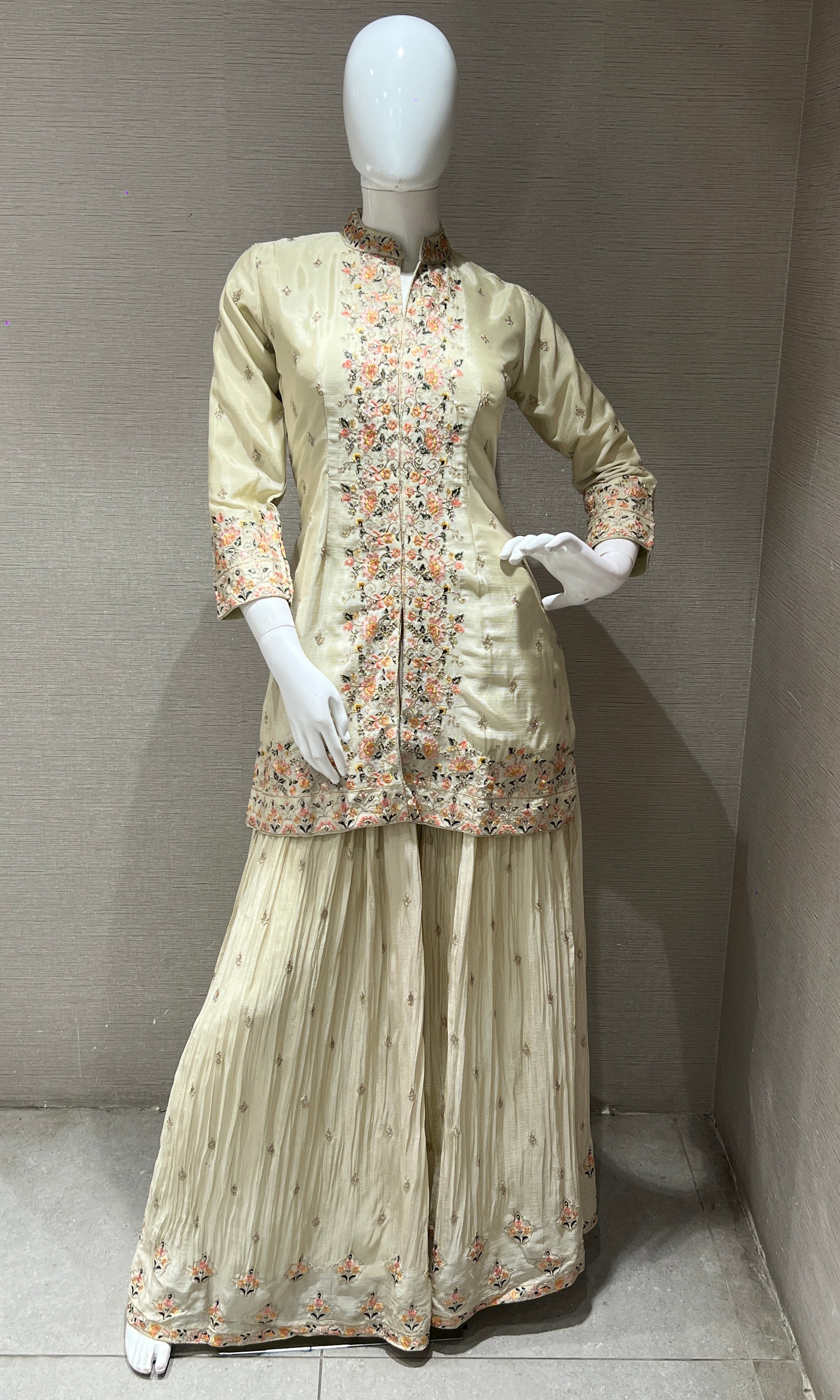 Floral Embroidered Cream Sharara