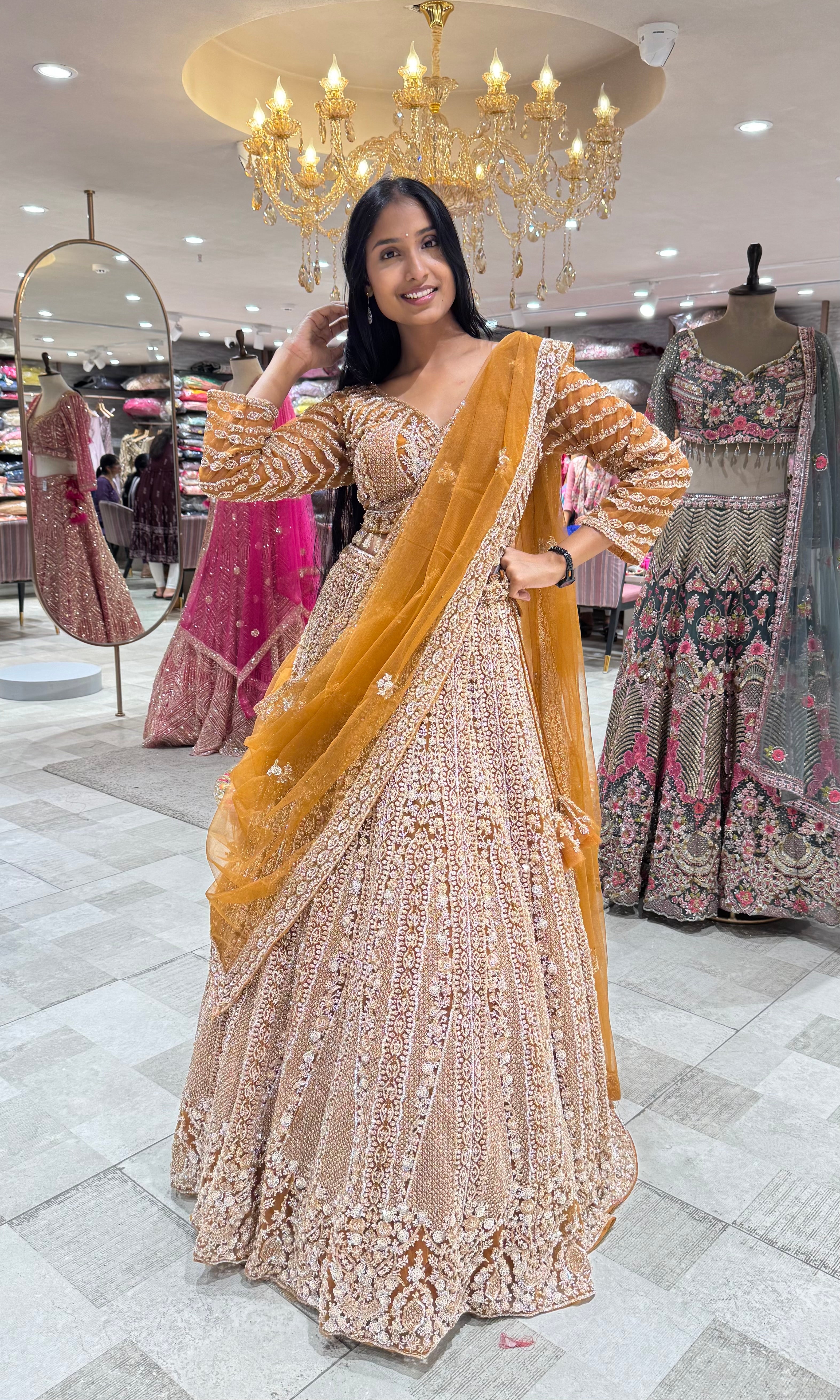 BROWN golden EMBROIDERED lehenga