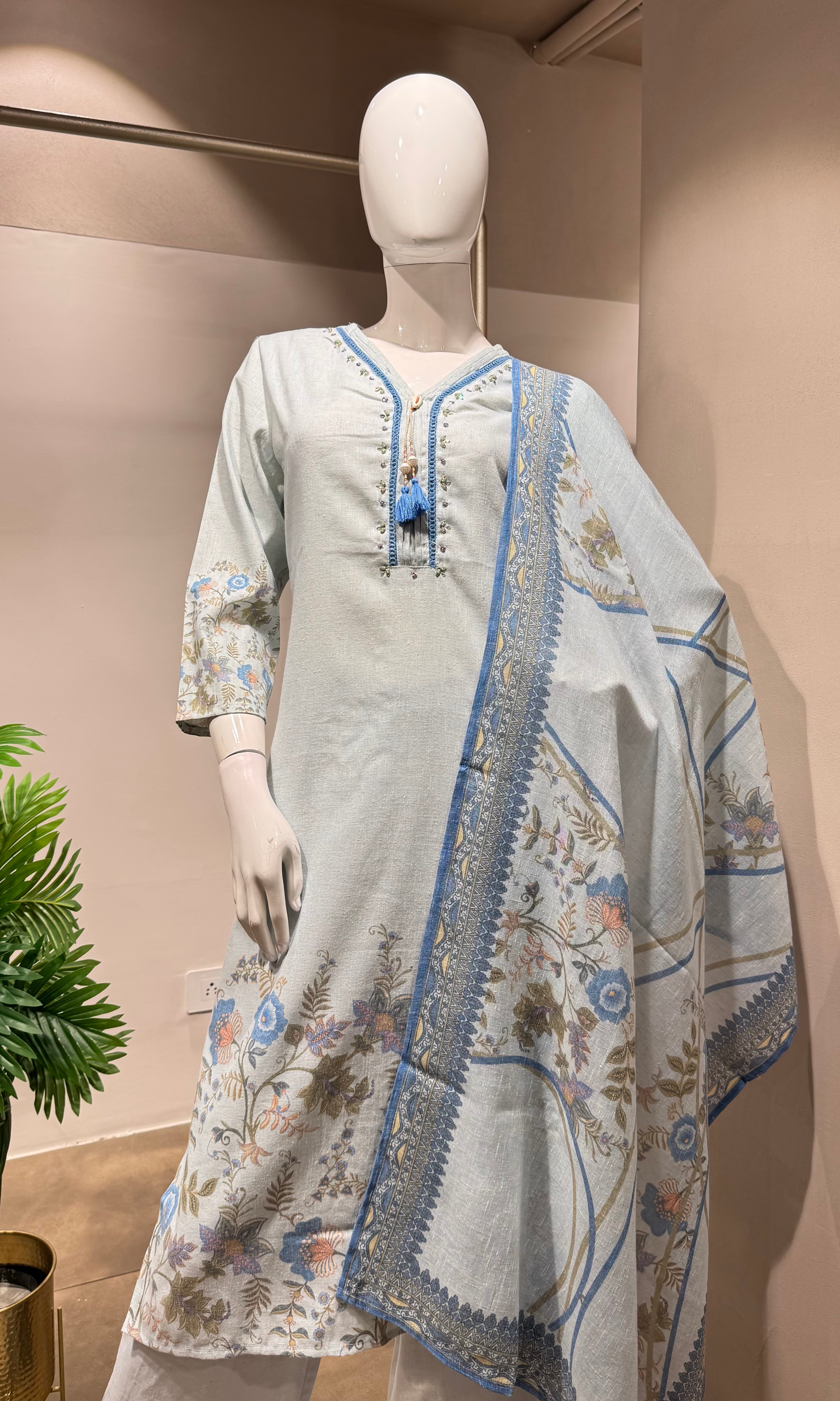 Light blue FLORAL PRINT EMBROIDERED kurta set