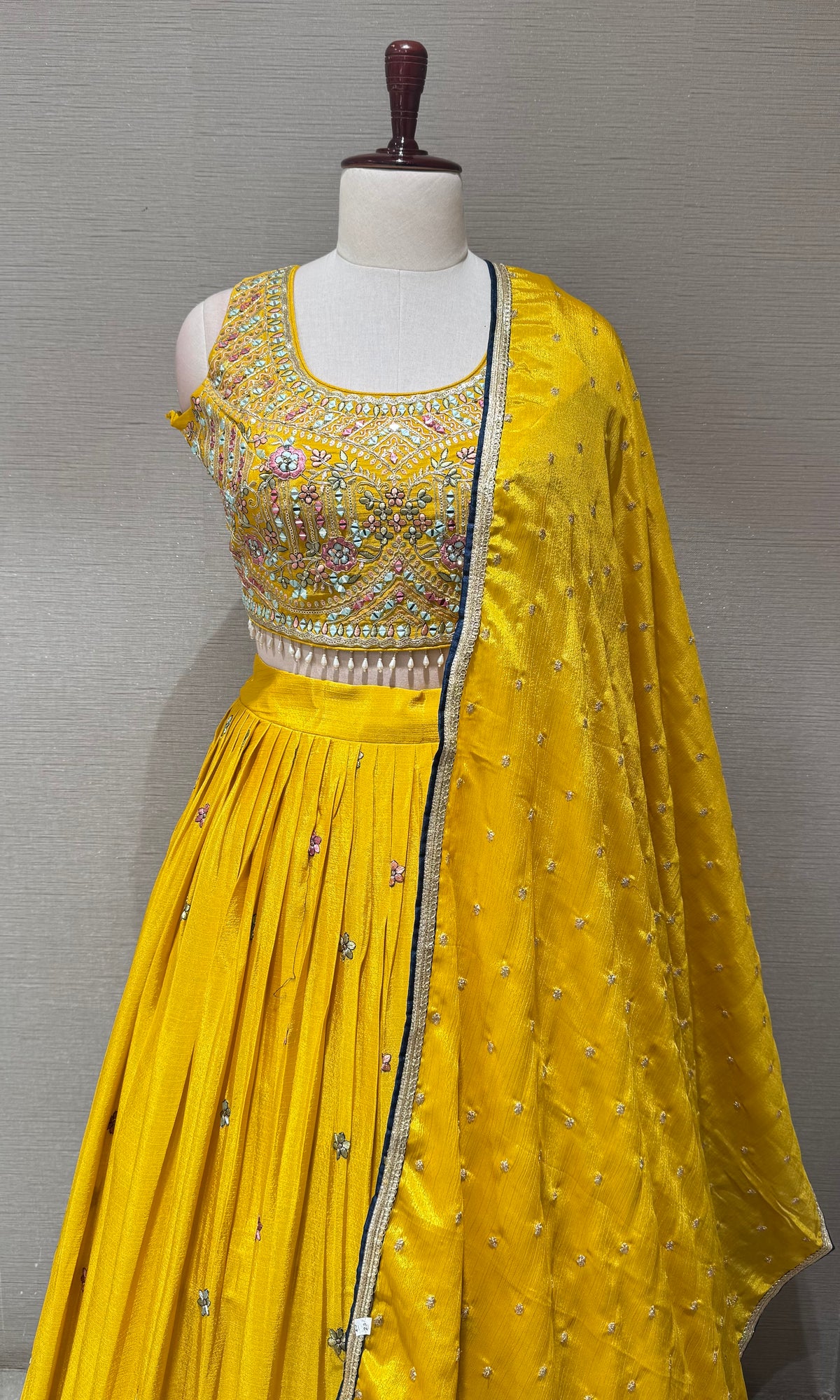 Yellow tissue silk Lehenga Set with Intricate Floral Embroidery