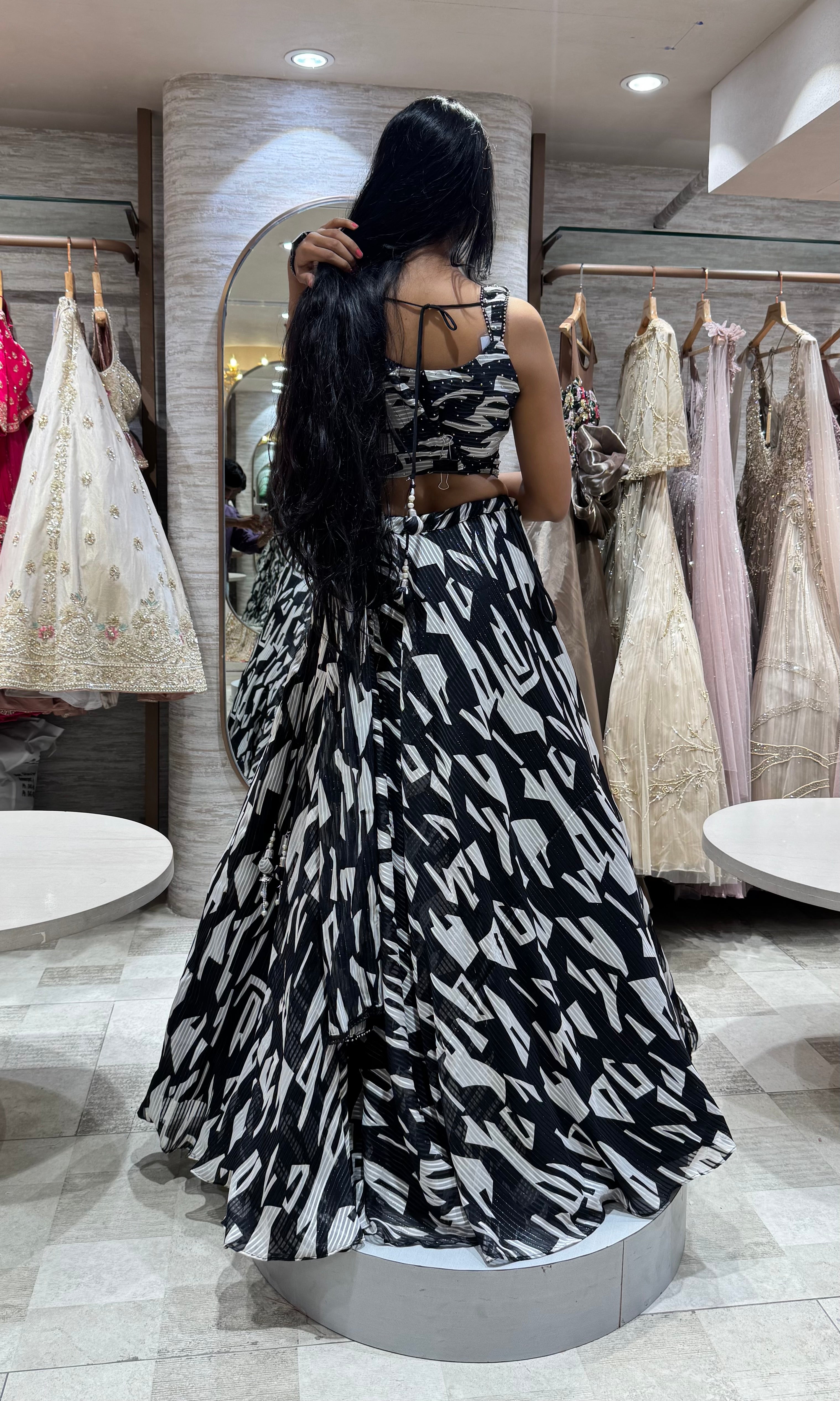 black and white printed EMBROIDERED LEHENGA