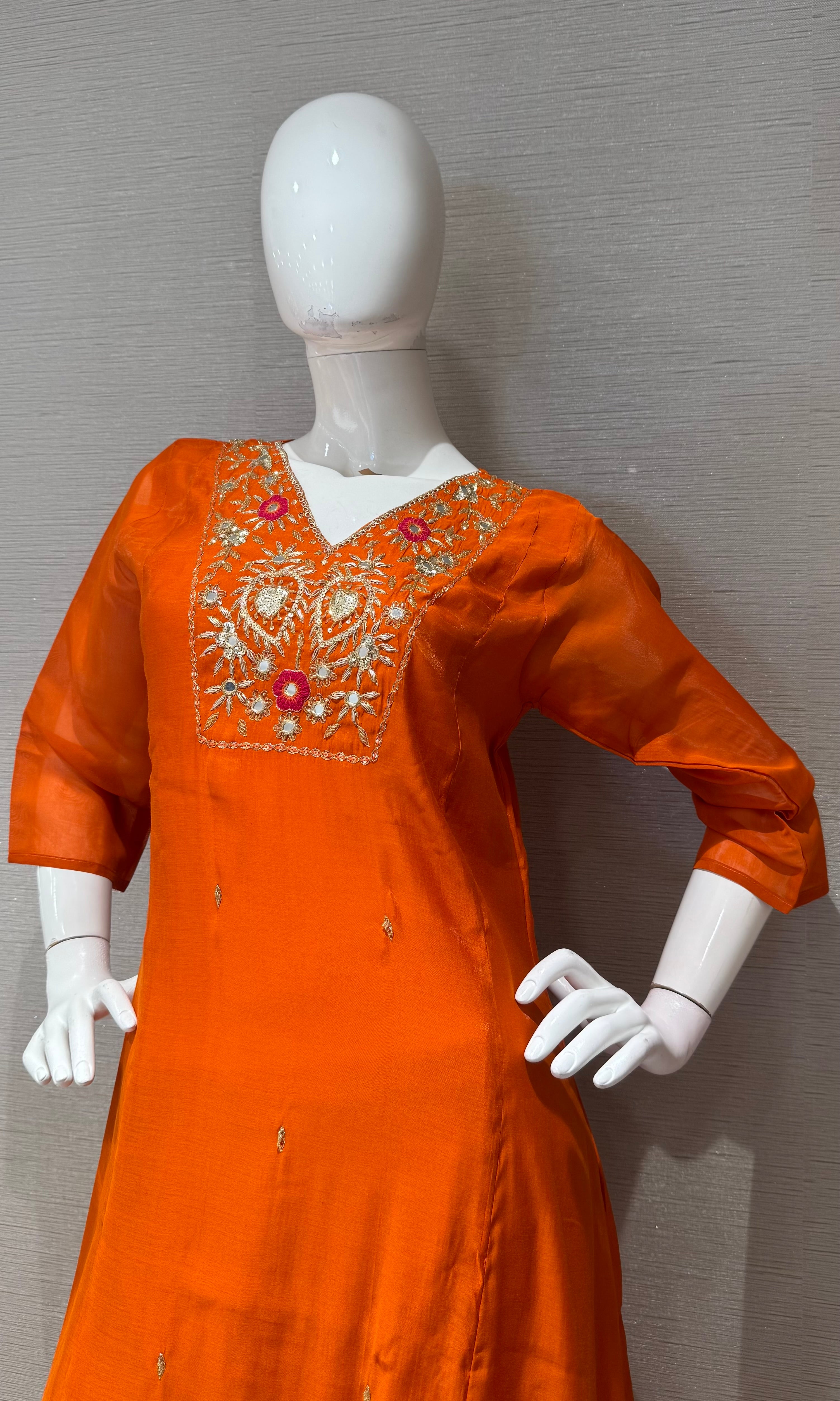 Orange Silk Salwar Suit Set with Contrasting Pink Dupatta