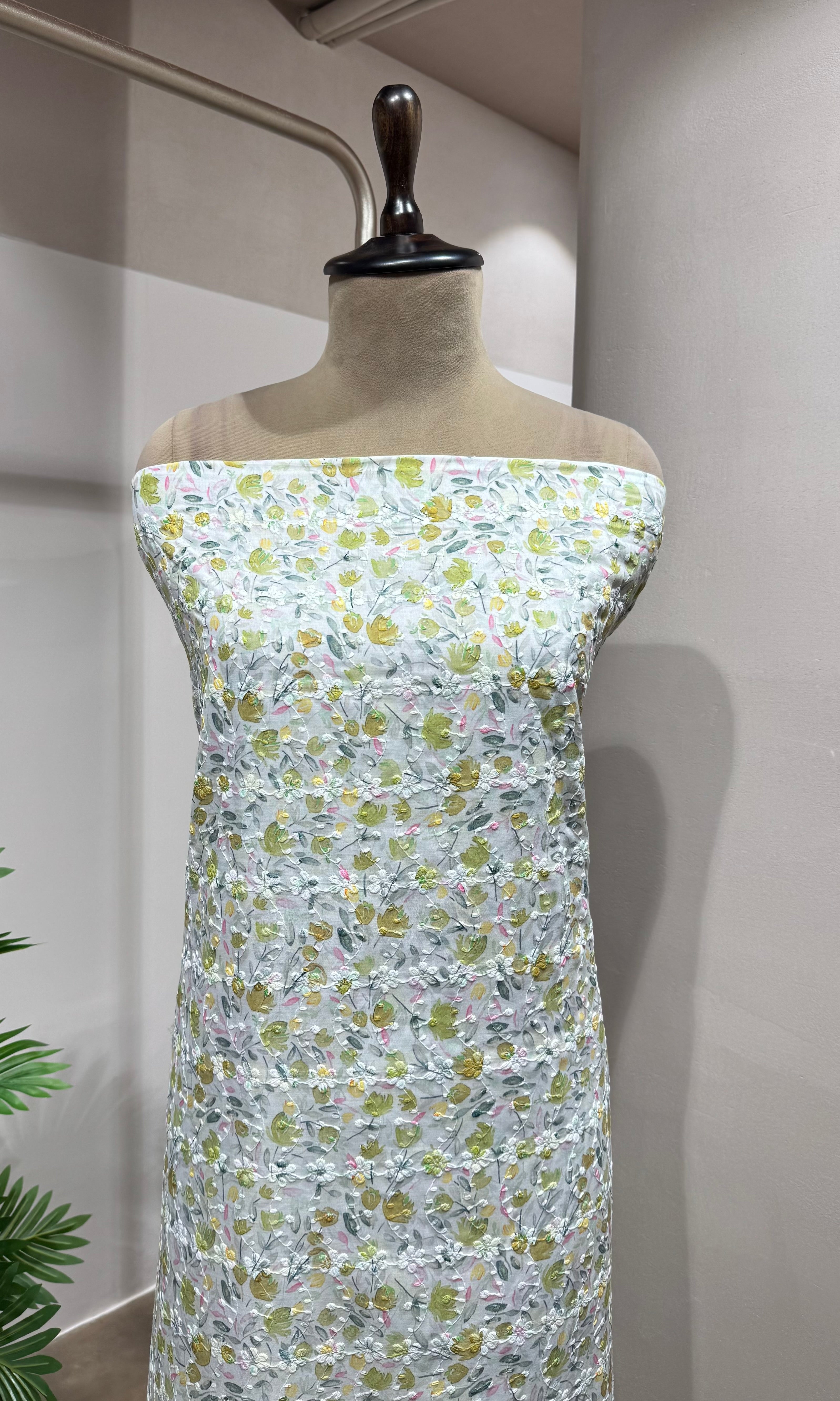Green Floral Chikankari Dress Material