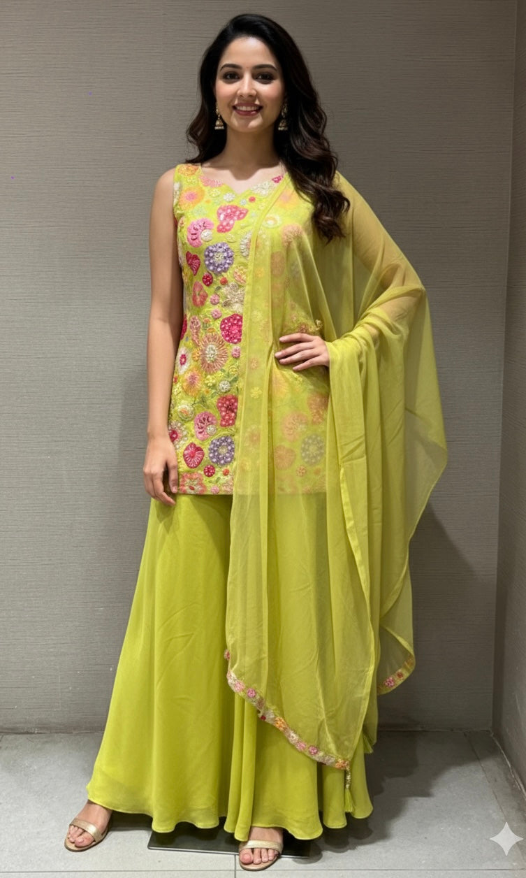 PARROT GREEN FLORAL PEPLUM SHARARA SET