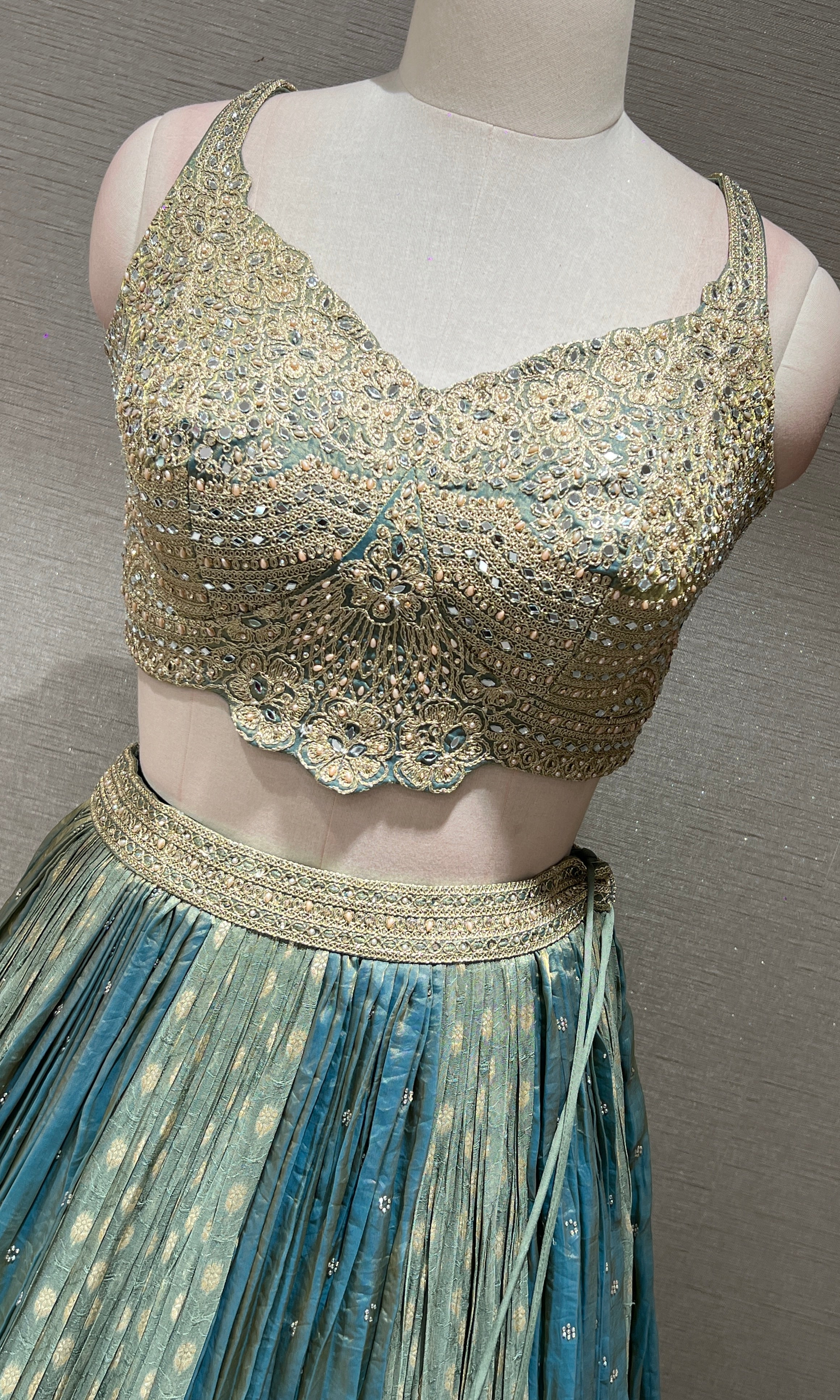 GREEN SILK GOLDEN EMBROIDERED LEHENGA