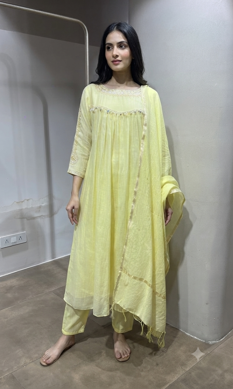 Lemon Yellow Embroidered Kurta Set with Dupatta