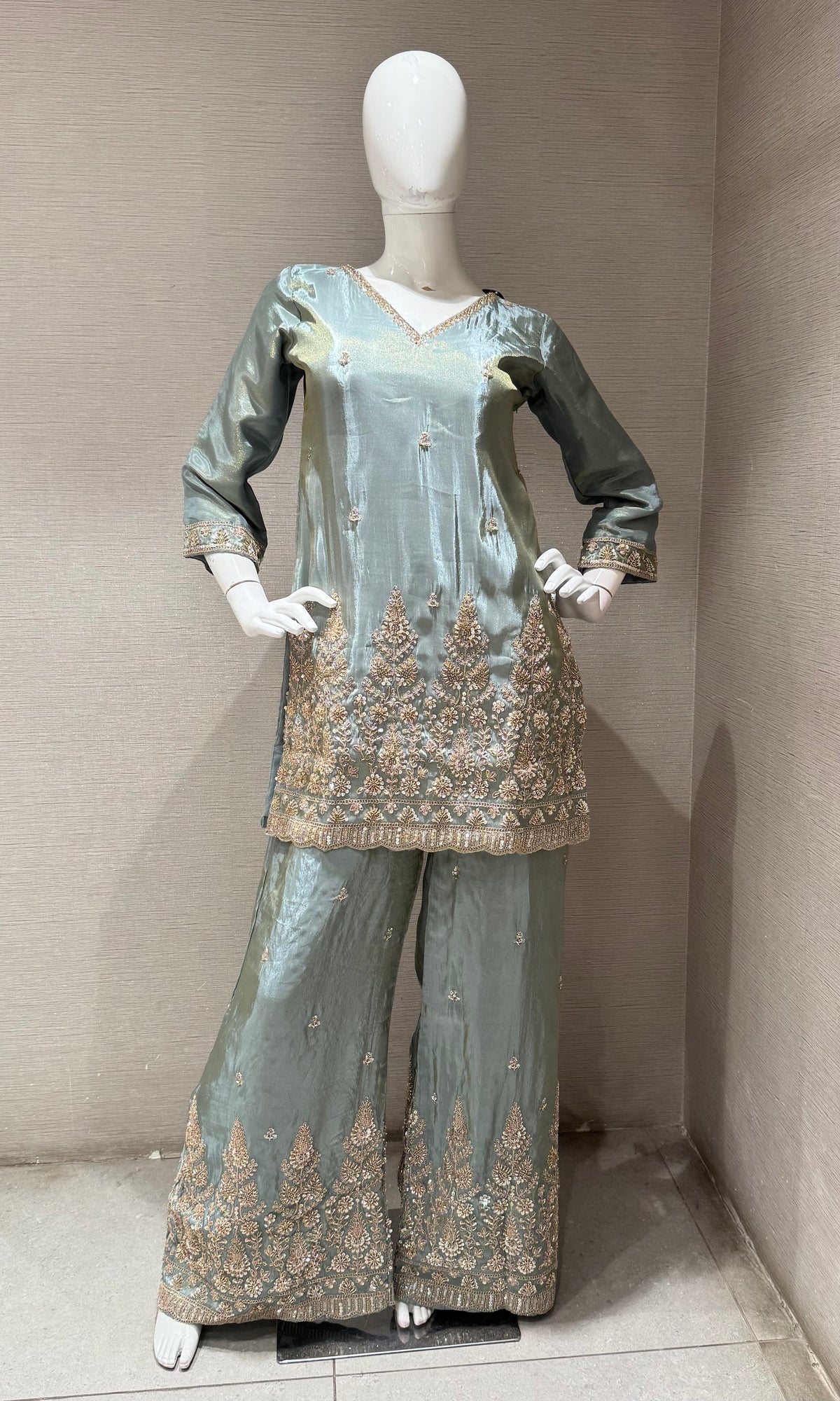 BLUE SILK BLEND GOLDEN EMBROIDERED SHARARA SET WITH DUPATTA