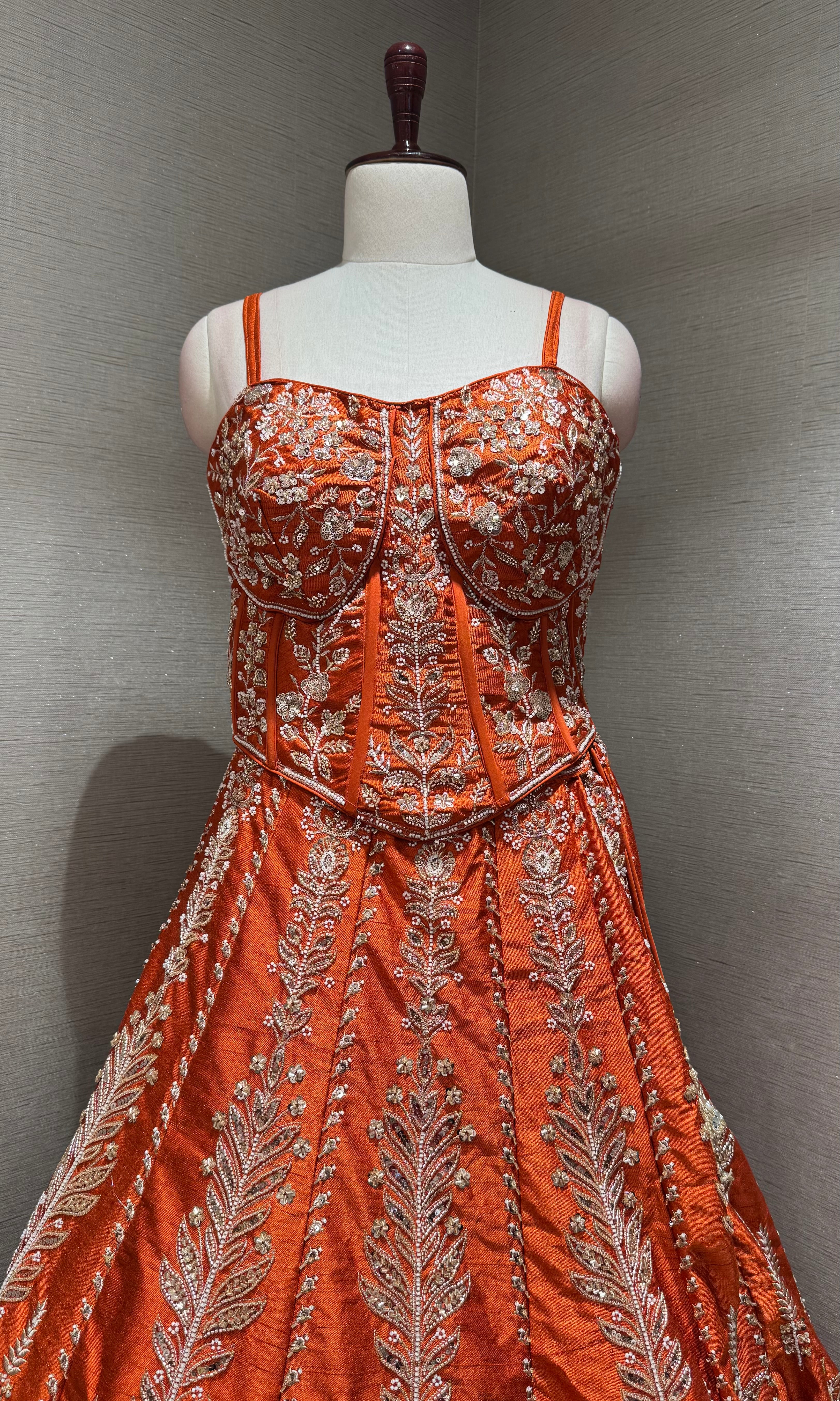 Orange Embroidered Peplum crop top Lehenga Set