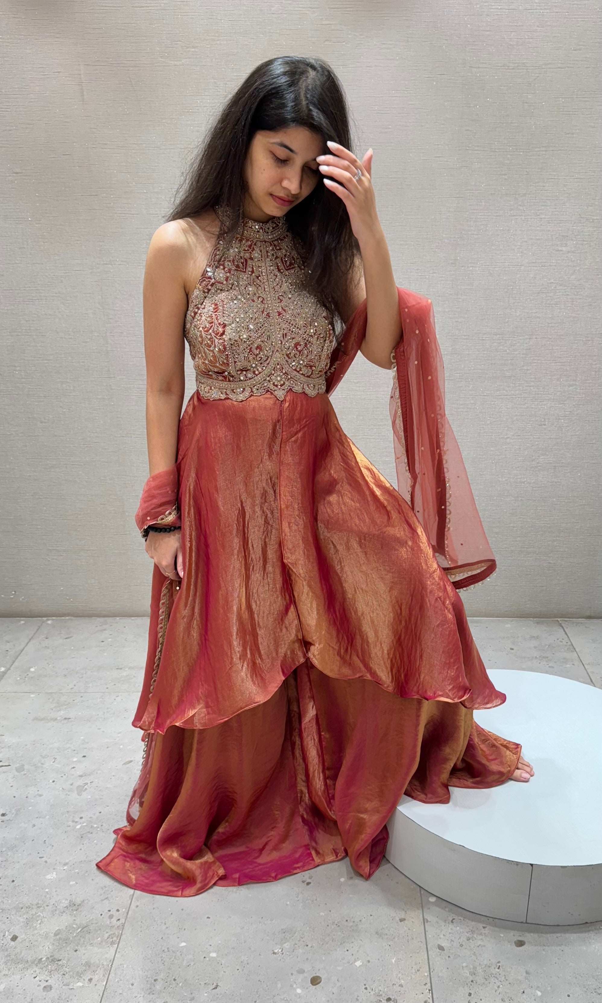 Rust ORANGE HALTER NECK A LINE CUT PALAZZO SET