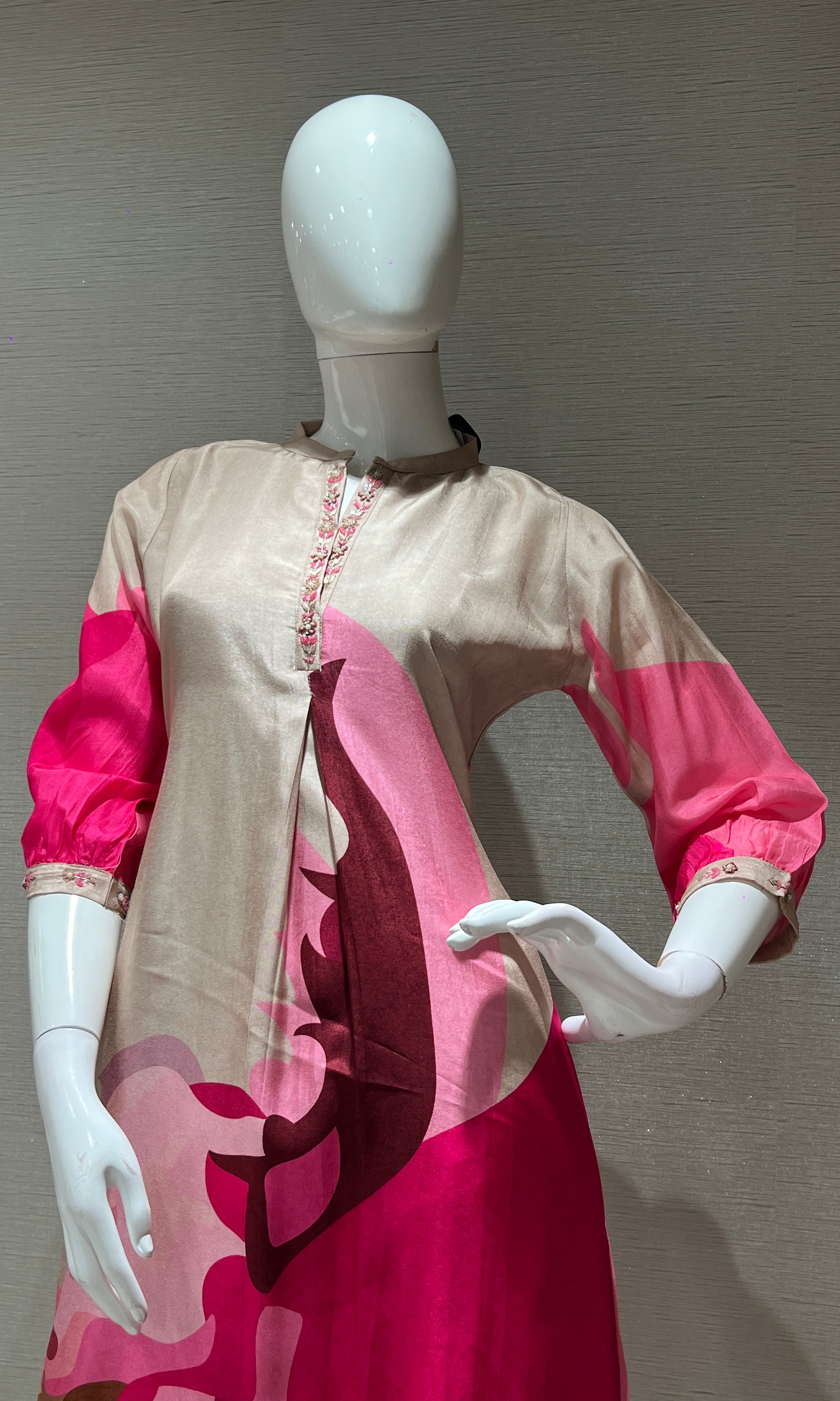 Beige printed pink KURTI TOP