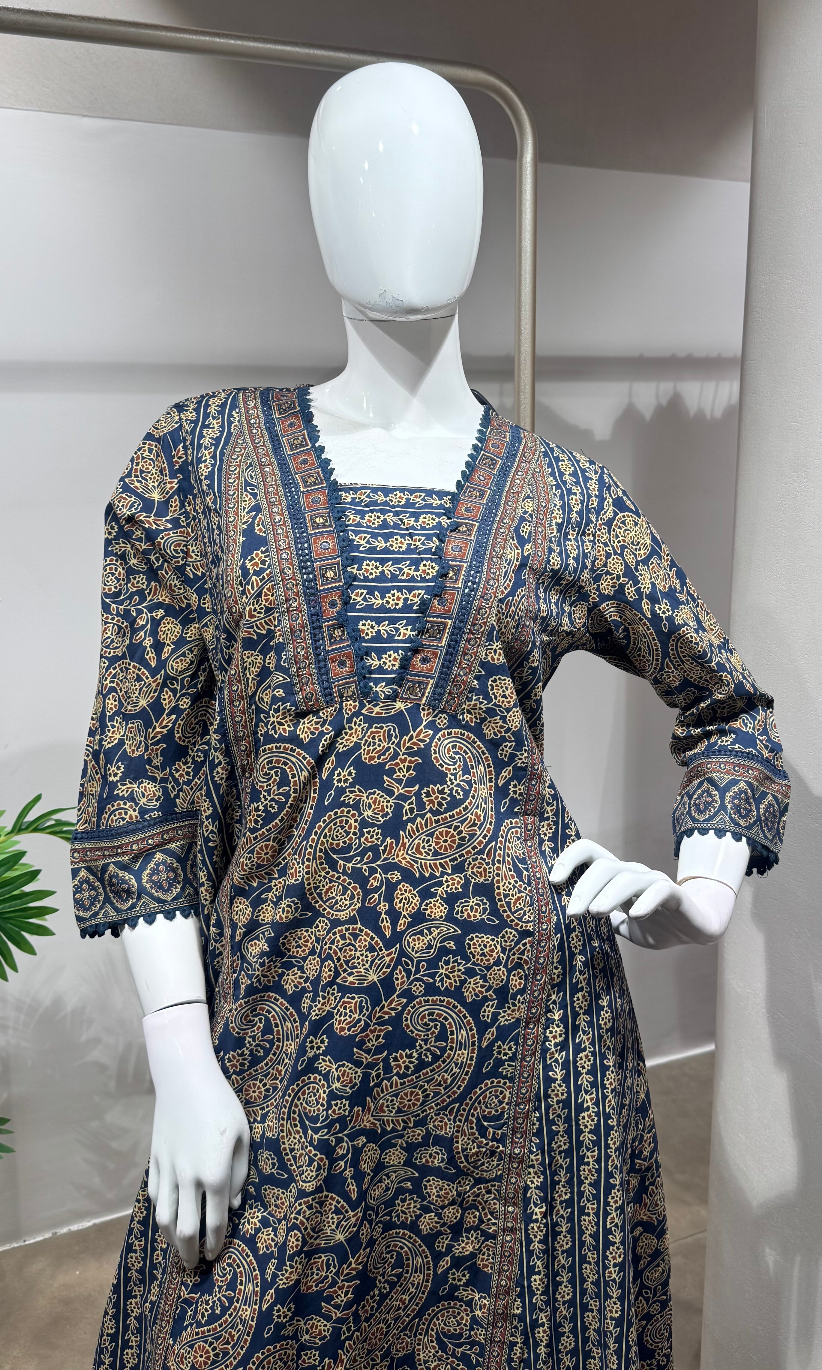 Blue floral printed embroidered kurta set
