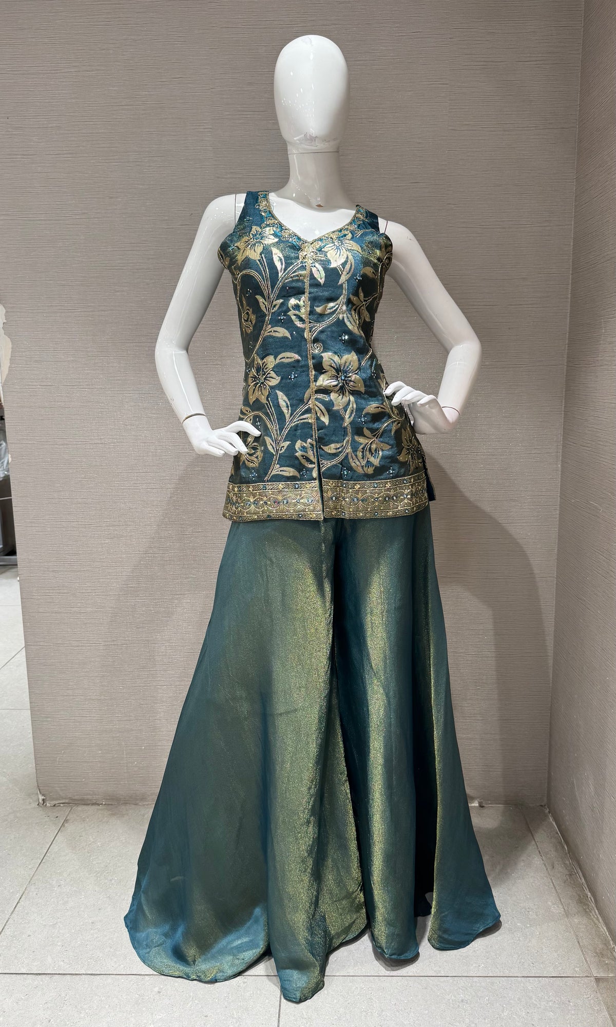 Peacock Blue and Gold Tissue Embroidered Palazzo set