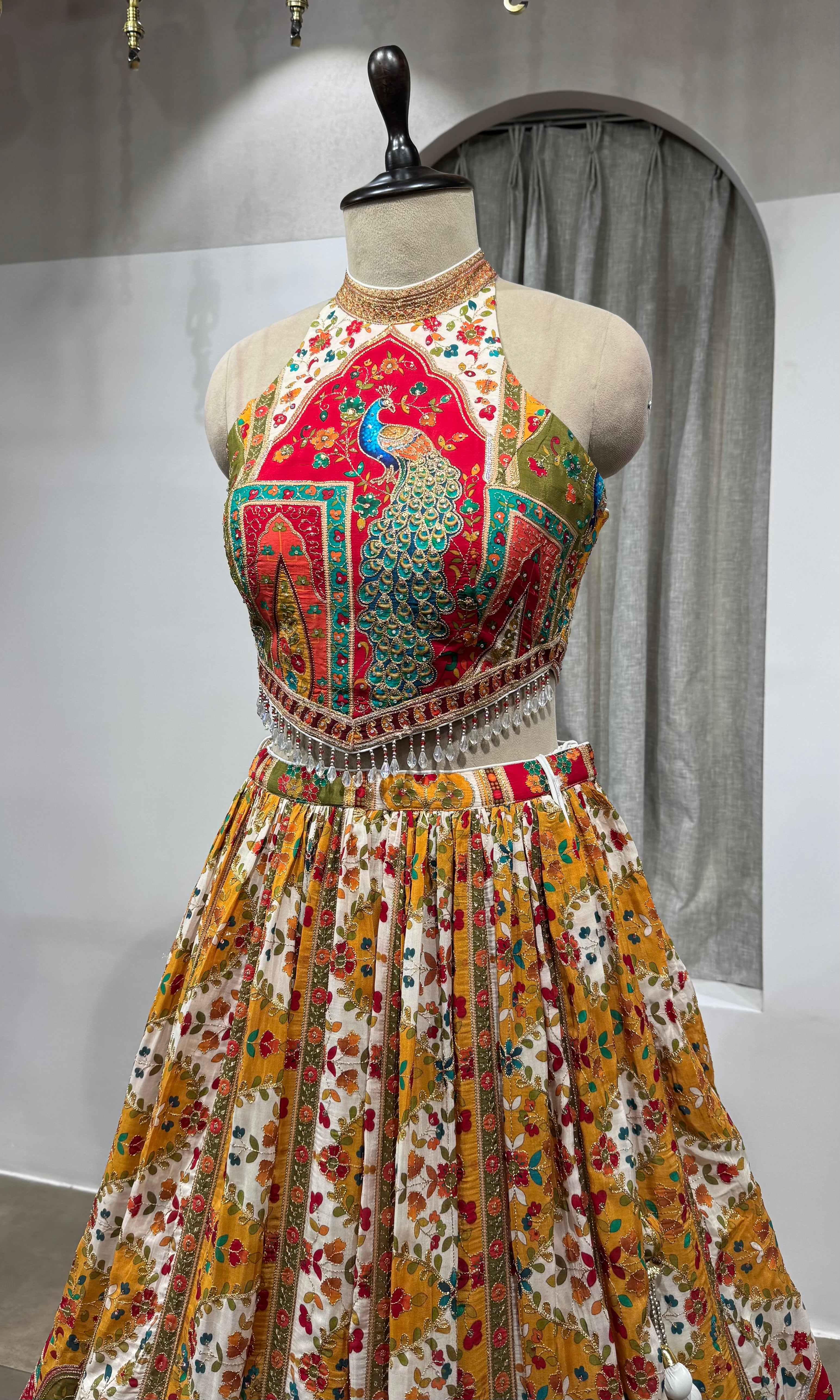 Multicolor Printed halter neck embroidered lehenga