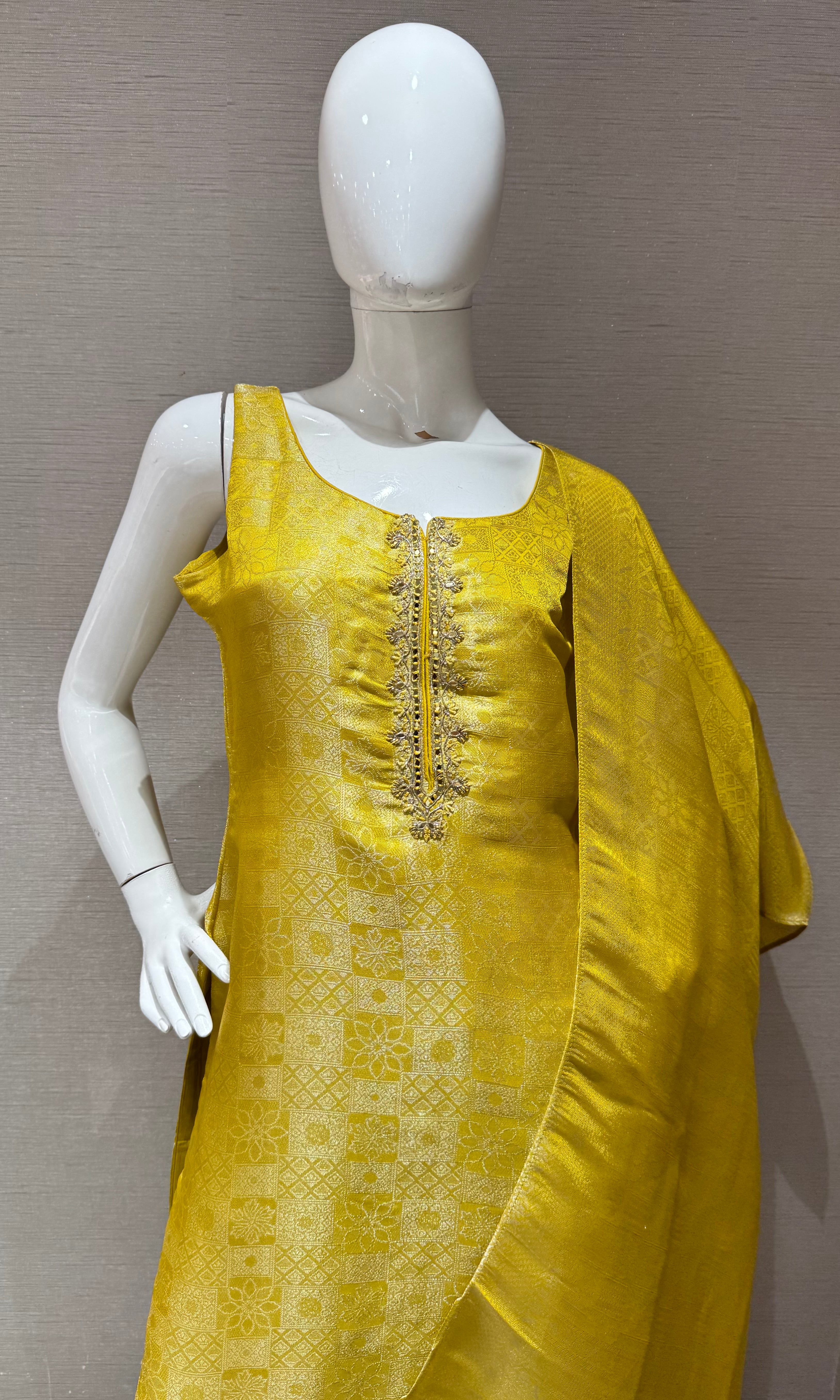 Yellow silk jaquard Kurta set