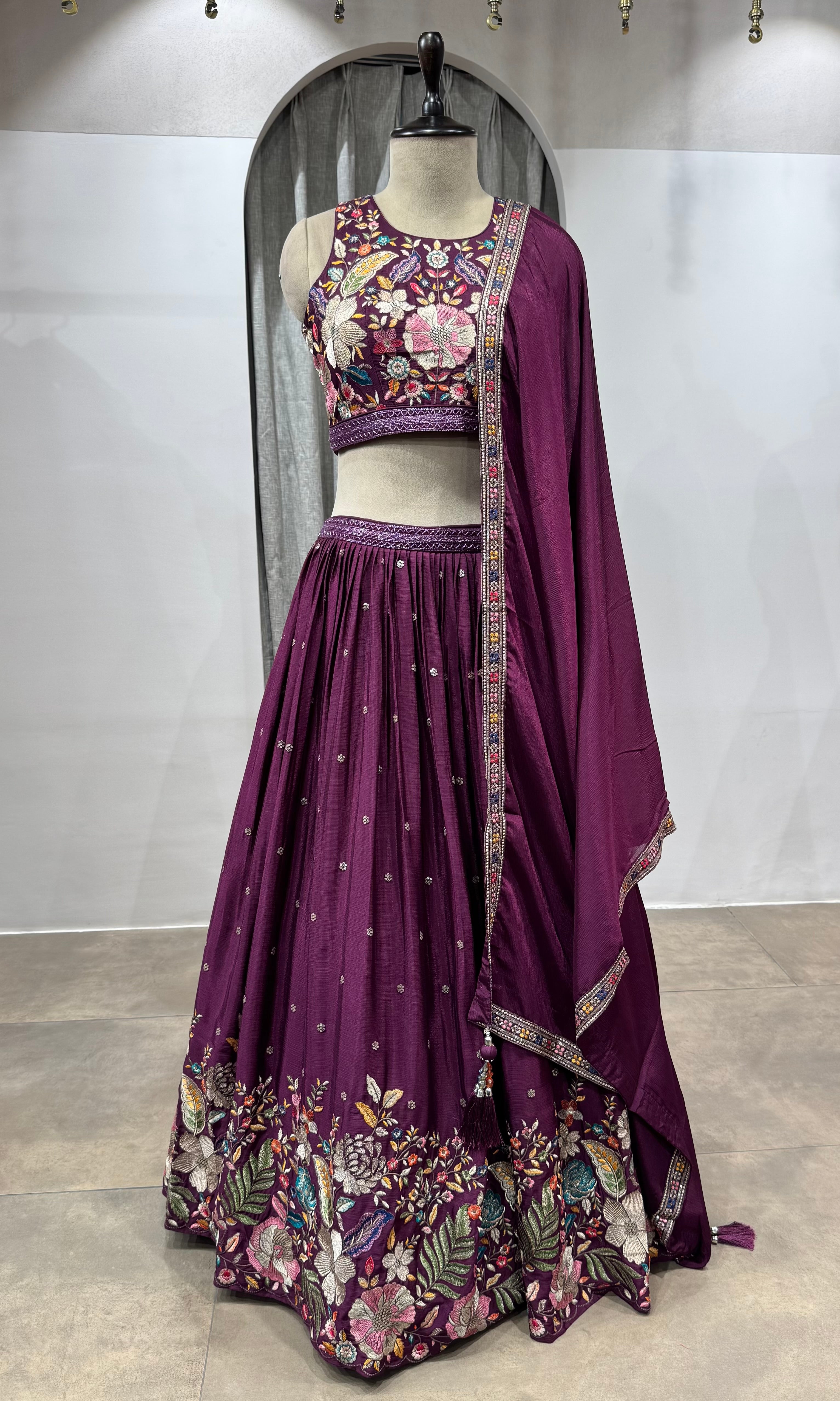 WINE FLORAL EMBROIDERED LEHENGA SET