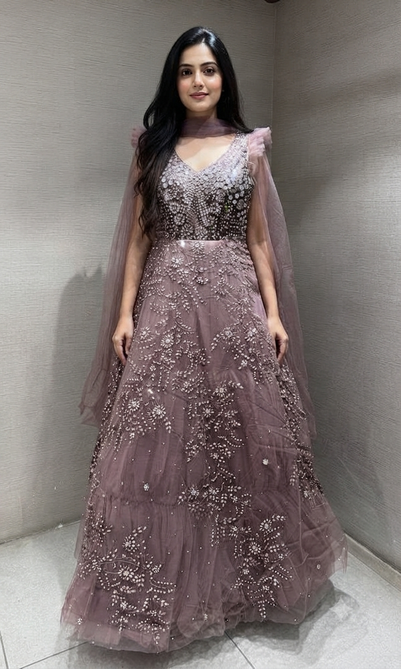 Mauve Ethereal Rose Tulle Gown with Matching Dupatta